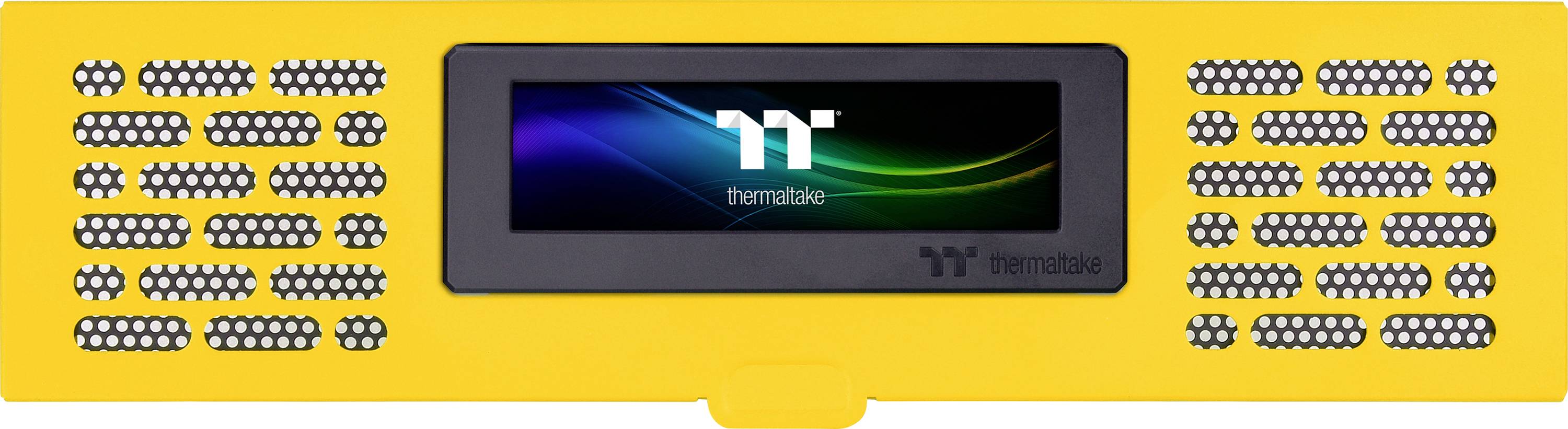 A yellow CPU fan with a black housing in the centre. At its centre, a digital display with a colourful arc and a brand logo.