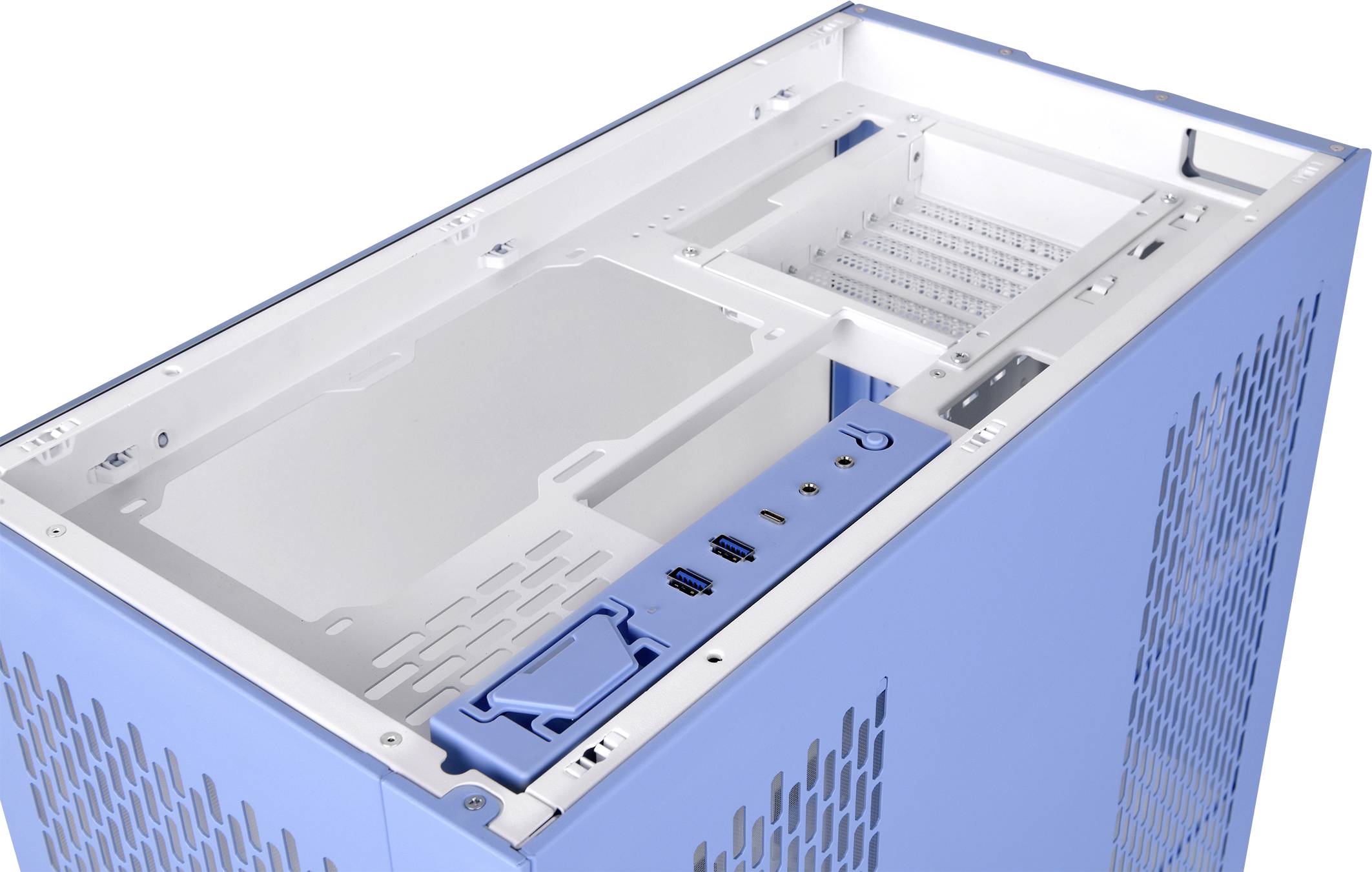 Blue computer case shown at an angled top-down view, displaying the upper opening for component installation. Ventilation slots are visible.