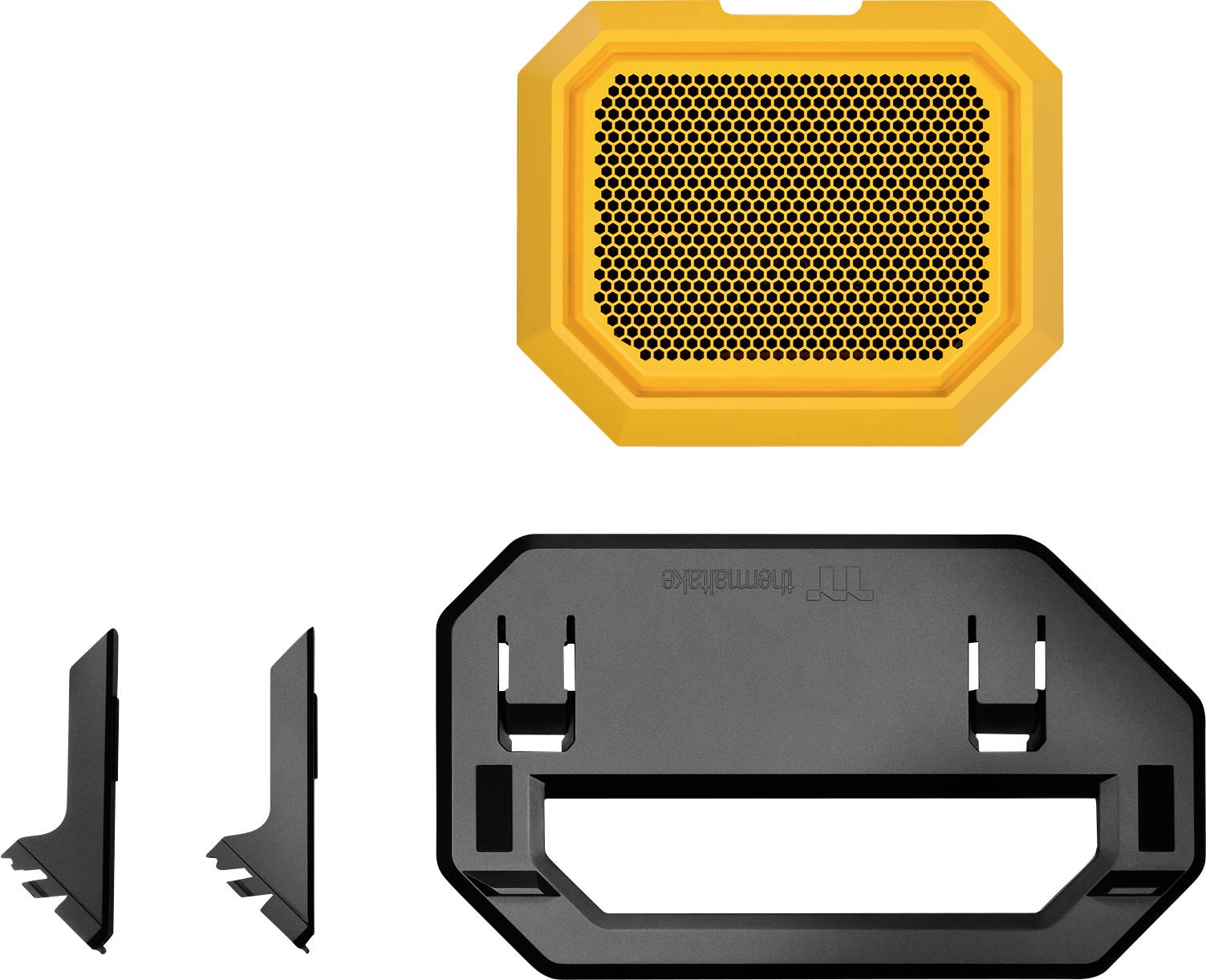 A yellow, hexagonal speaker grille beside black mounting brackets and a rectangular base. Accessory for speaker mounting.