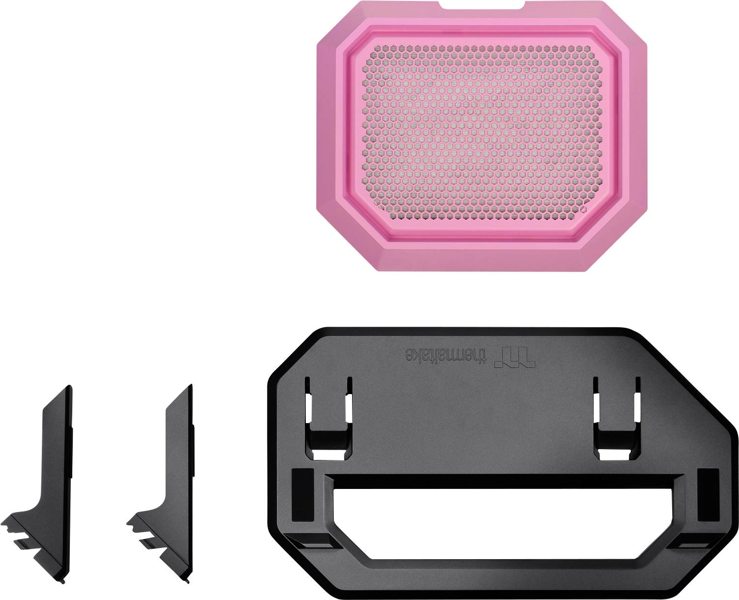 A pink, rectangular grid and black plastic brackets, presumably components of a technical device.
