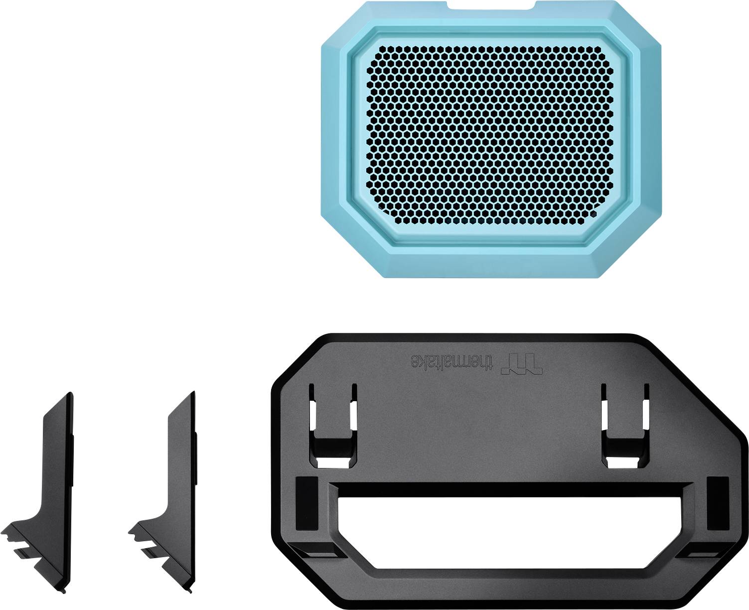 A black plastic hook and two caps complement a rectangular, turquoise protective grille with a hexagonal pattern.