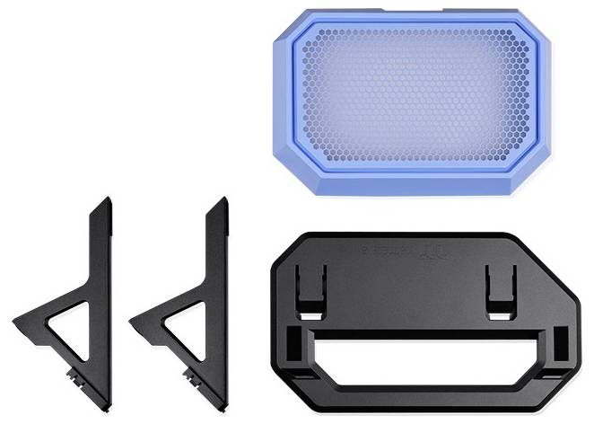 Blue air filter and black mounting parts for a technical device, arranged on a white background.