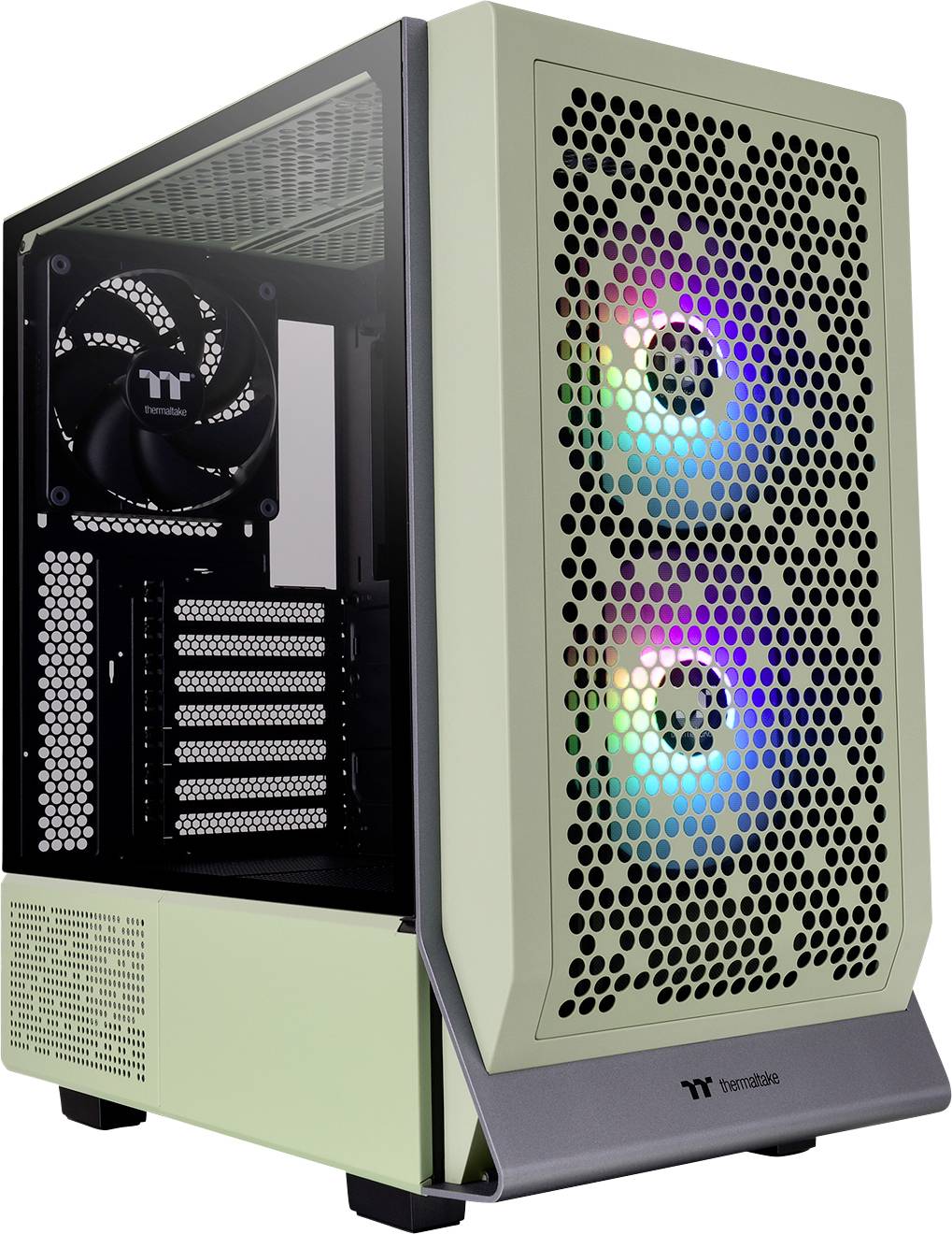 PC case with two RGB fans at the front, perforated mesh design and side window.