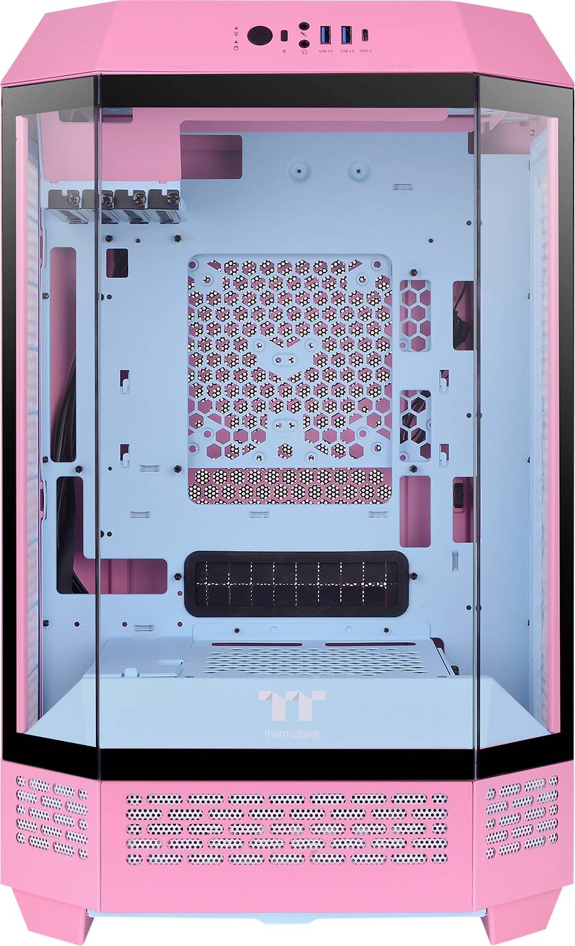A blank, modular PC case in pink and blue with transparent side panels, suitable for custom computer build projects.
