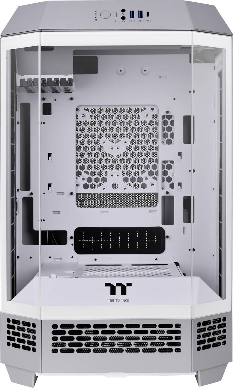 A white, cubic computer case with a glass front and sides. It features multiple ventilation openings and slots for components.