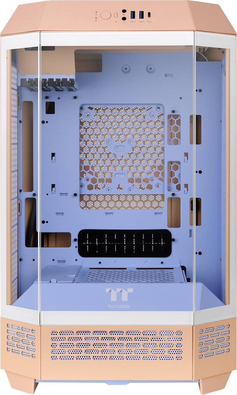 A PC case in light orange and light blue, with glass windows, reveals the interior space for computer components.