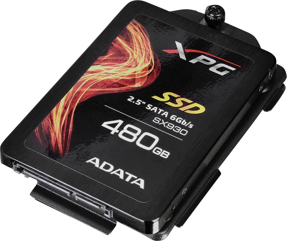 'Solid-State Drive (SSD) ADATA XPG 480GB. Black with red flame pattern. Labelled as 2.5