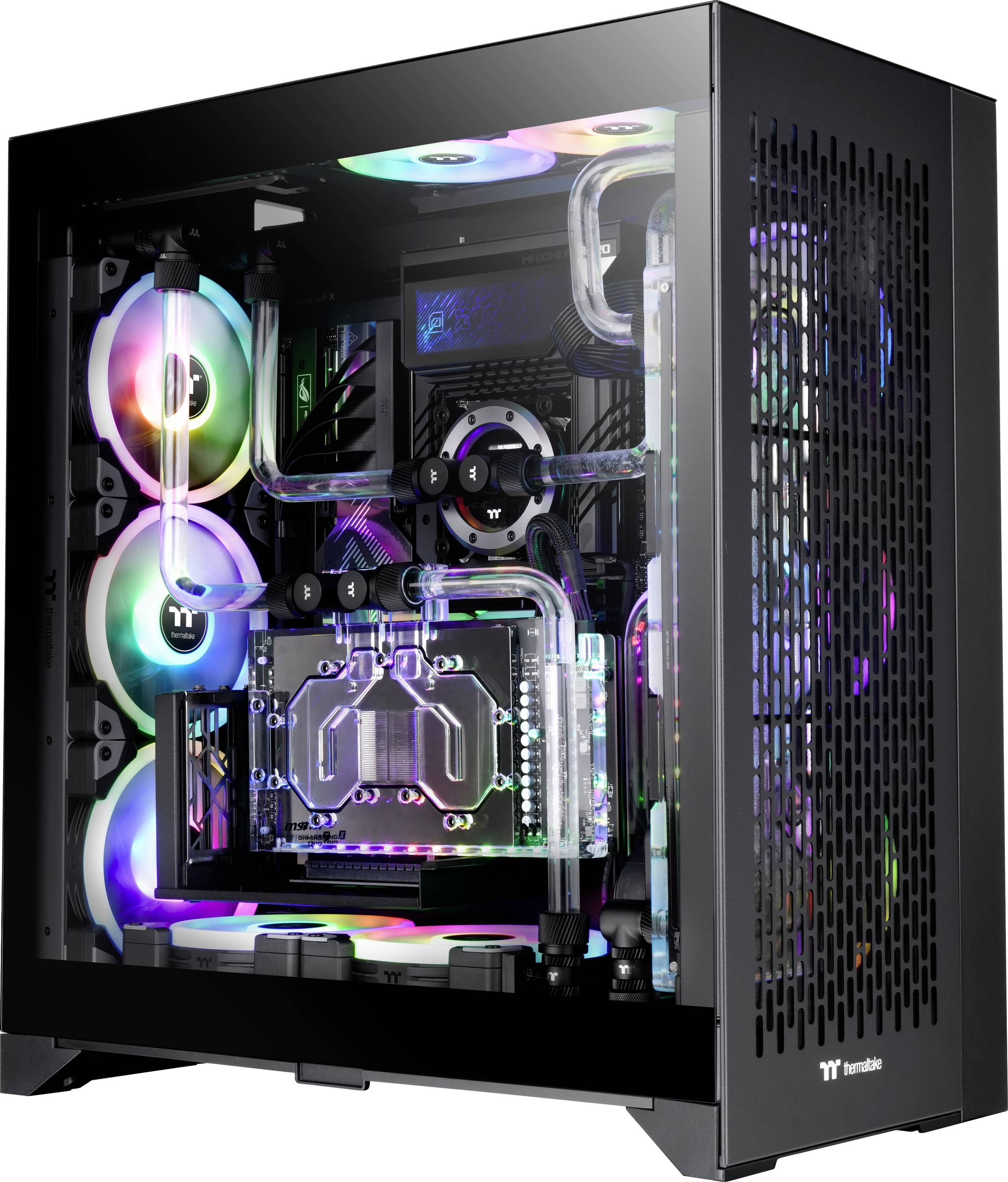 A transparent computer case reveals a complex water cooling system with colourful LED lights and multiple fans inside.