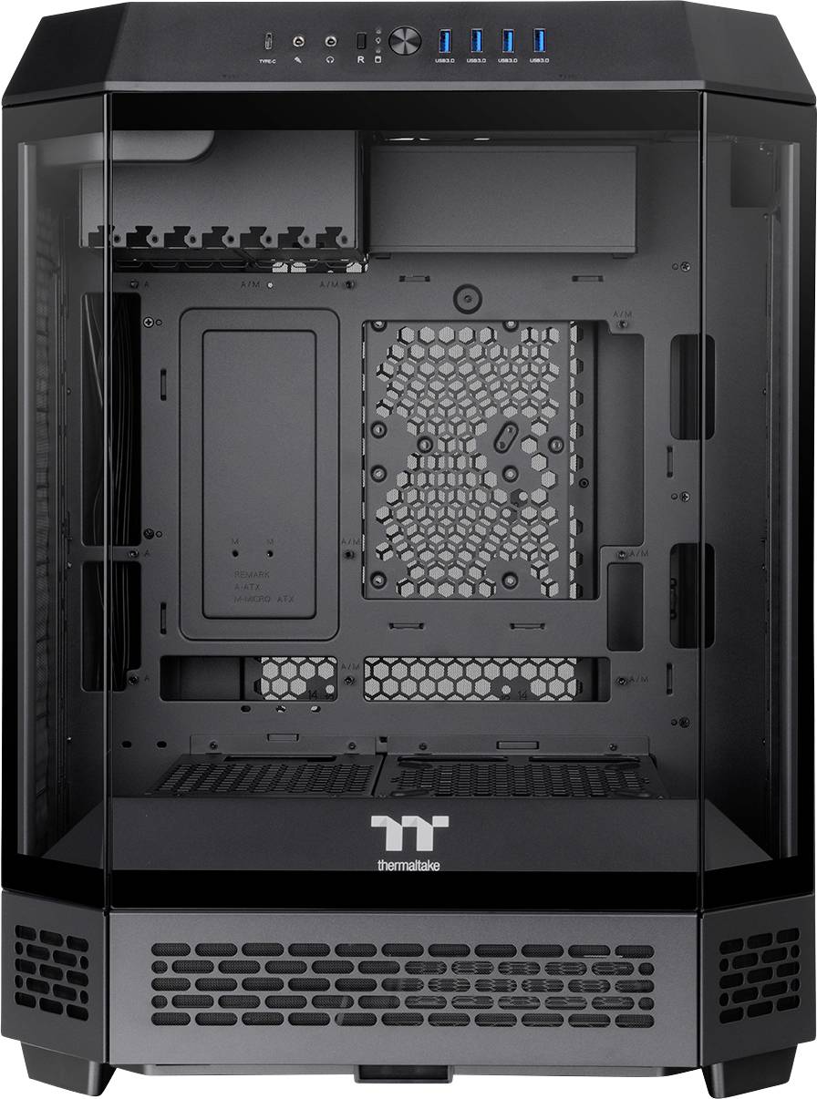 A black, rectangular computer case with transparent side panels. Empty internal structure for installing hardware components.