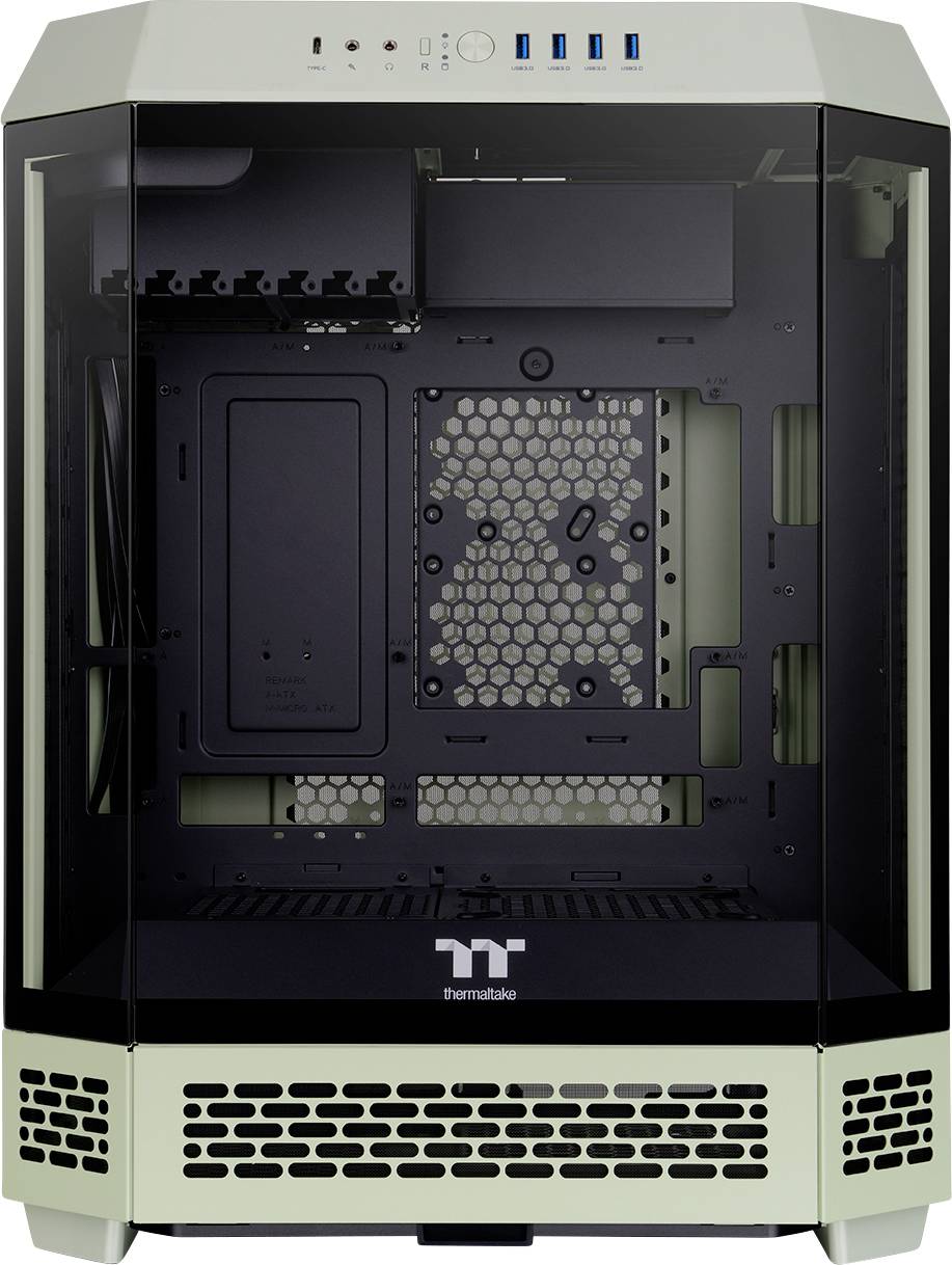 A vacant, open computer case tower with a glass front, suitable for PC build projects, featuring multiple USB ports on the top surface.