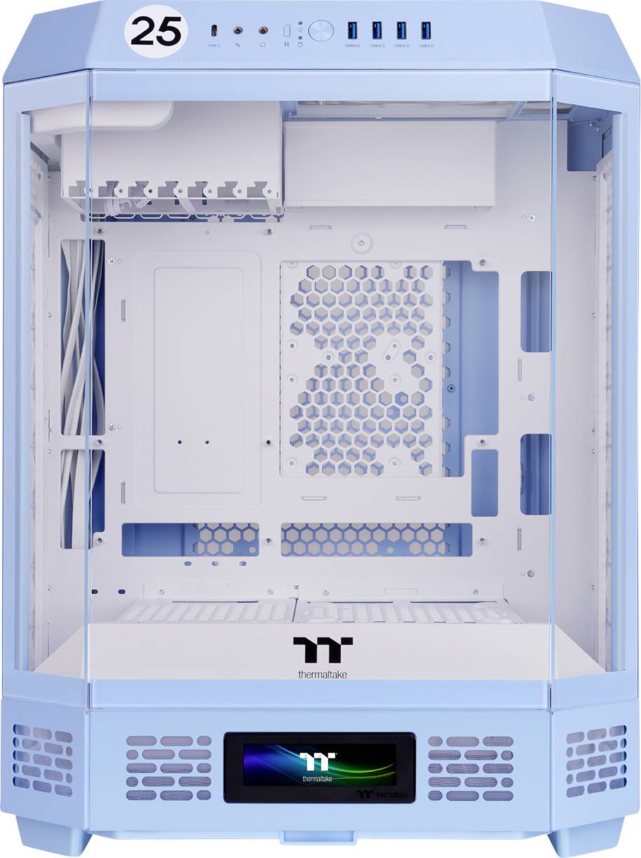 A light blue computer case with a transparent front panel, multiple USB ports on the top, an integrated display, and cable management on the side.