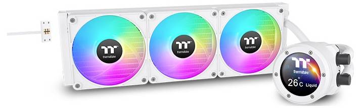 Triple RGB computer fan with Thermaltake logo and temperature display '26°C Liquid' on a circular control unit.
