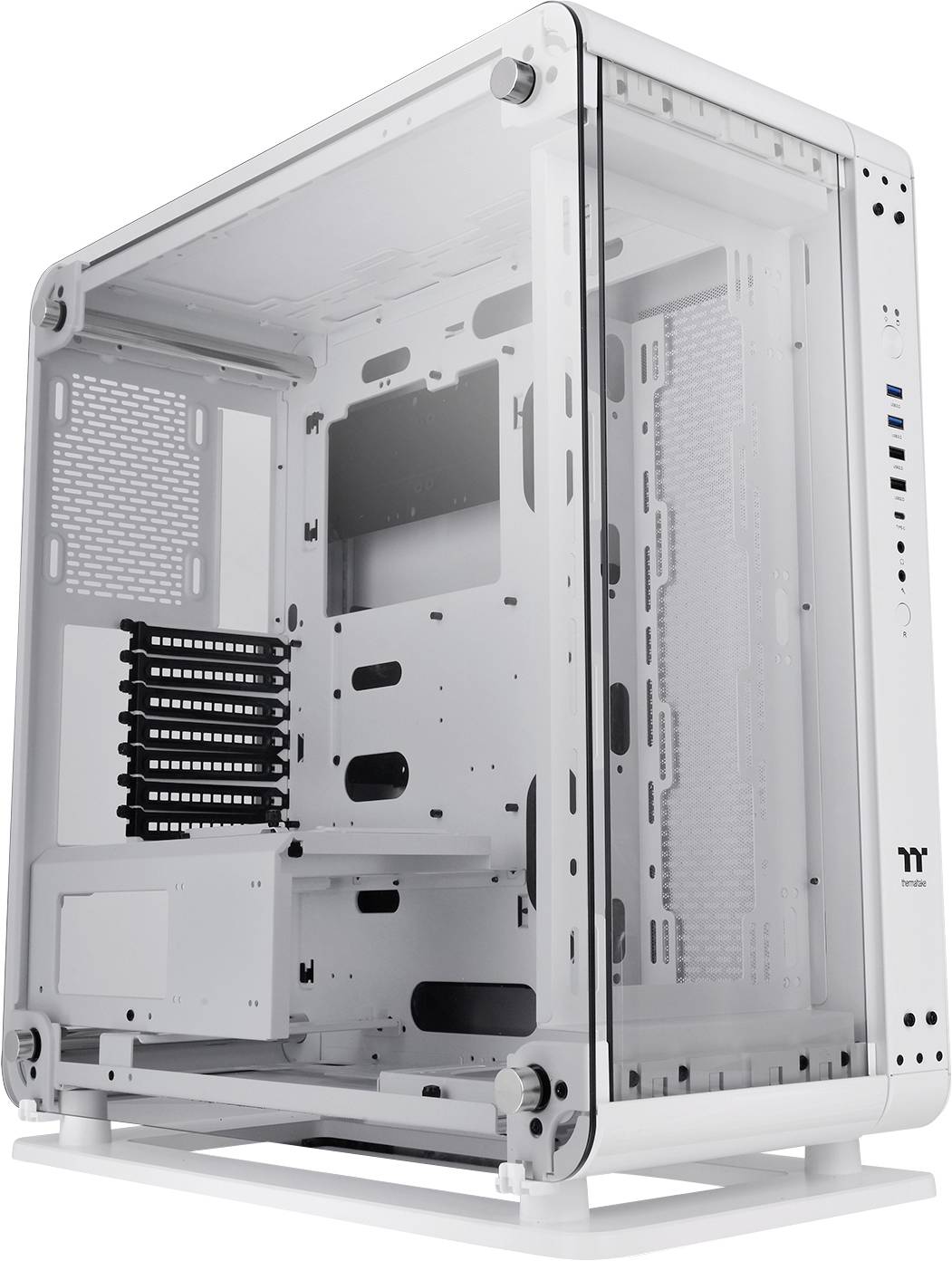 A white computer case with a transparent side panel, revealing the internal spaces for mounting hardware components such as the motherboard and graphics cards.
