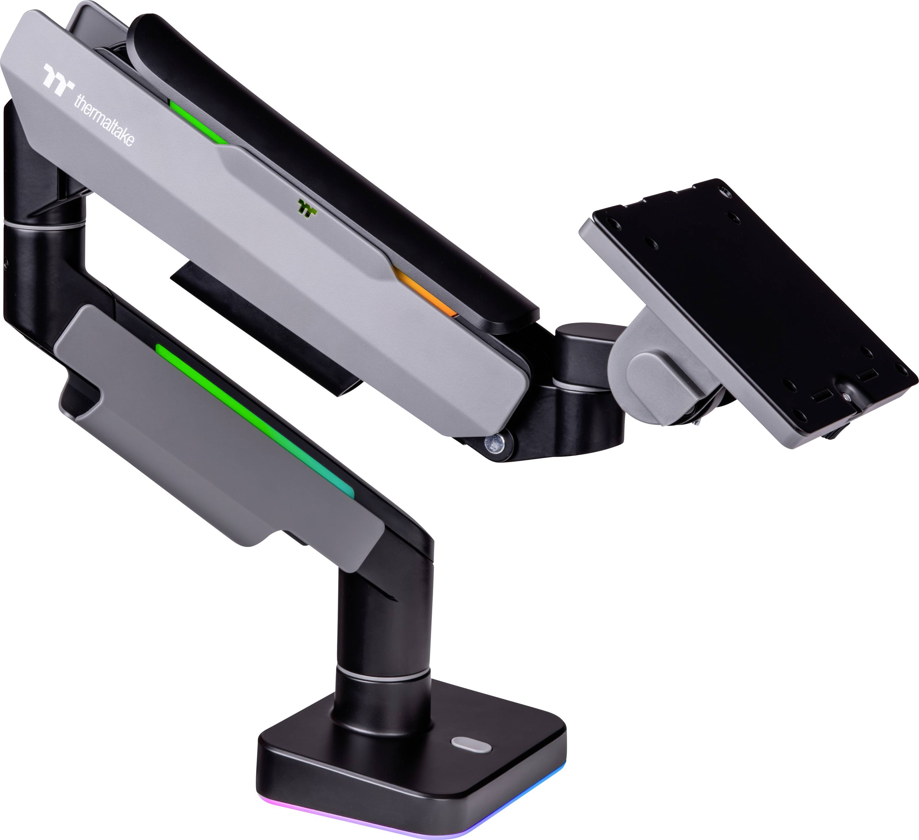 A mechanical monitor arm in black and grey with multiple joints, offering flexibility for screen positioning.