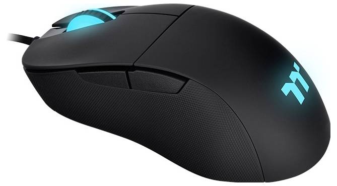 A black gaming mouse with blue illuminated scroll wheel and logo, featuring ergonomic design and textured grip for enhanced control.