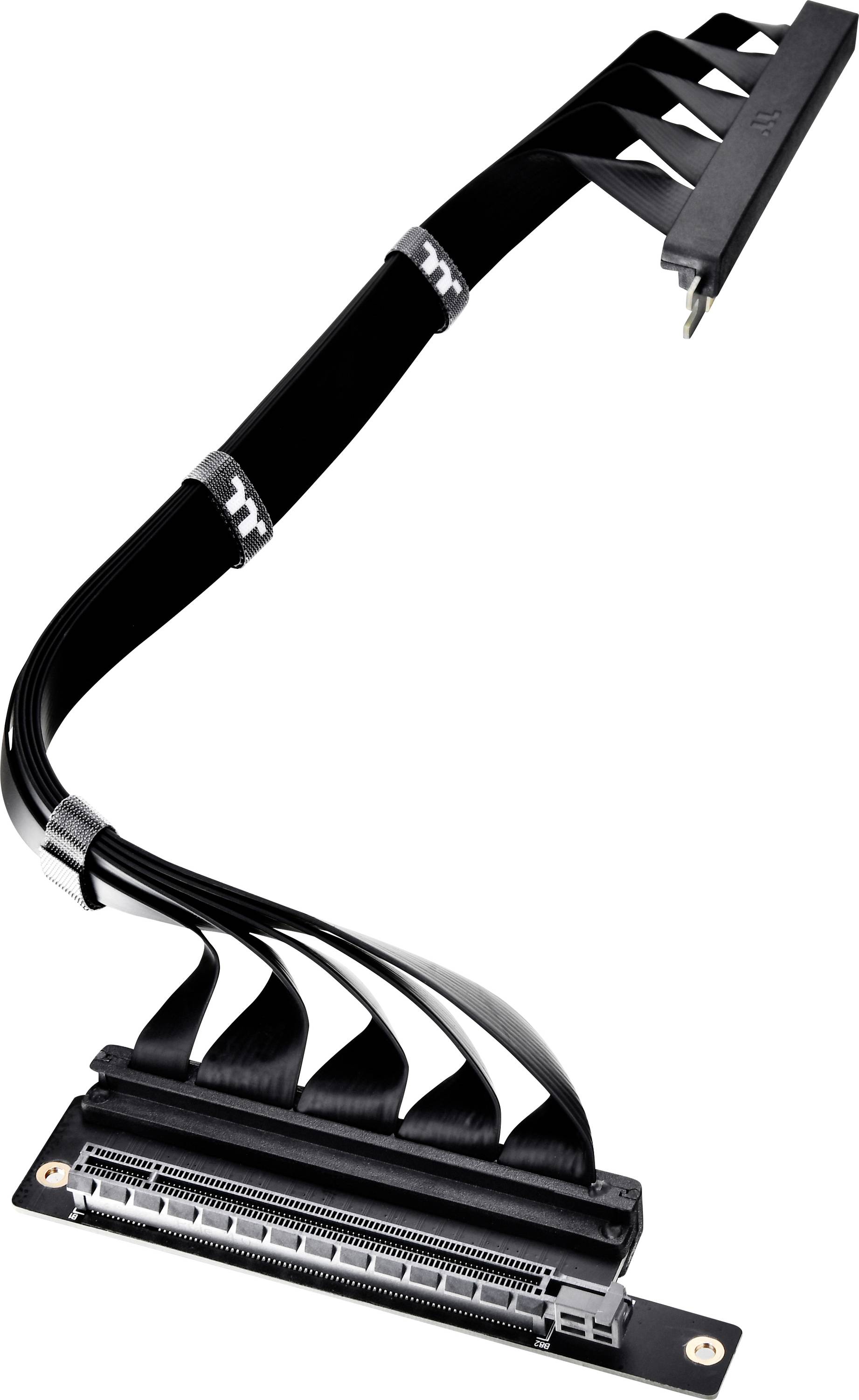 A black, flexible GPU riser cable that connects two connectors to mount a graphics card vertically in a PC case.