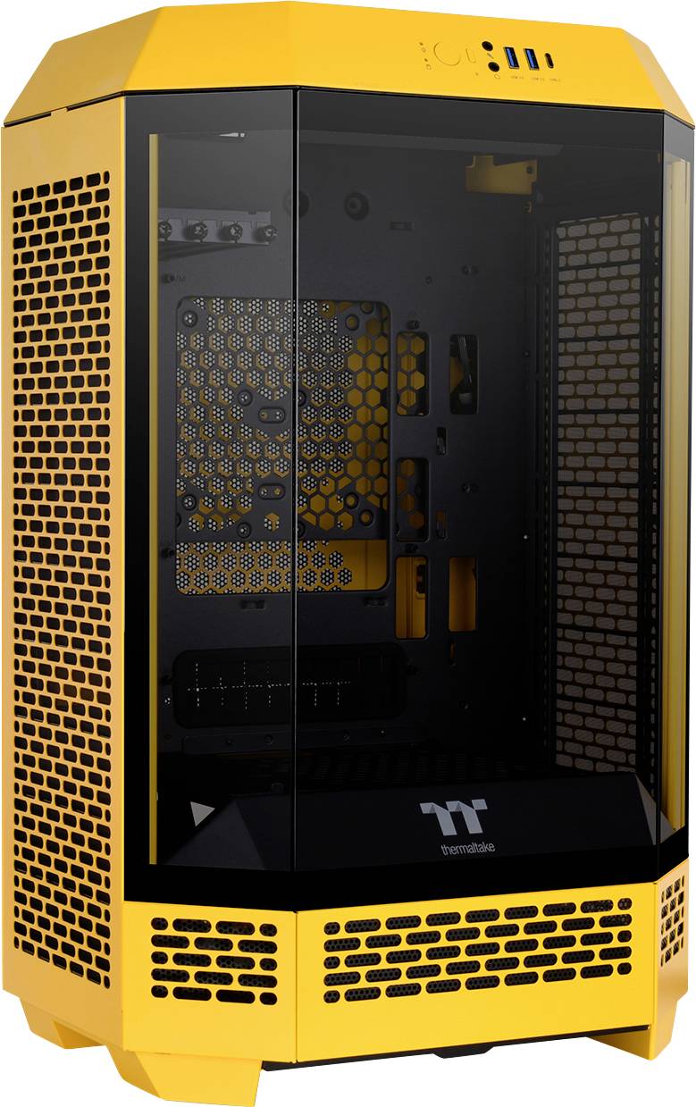 A yellow computer case with a visible interior and ventilation slots on the sides. It is made by Thermaltake.