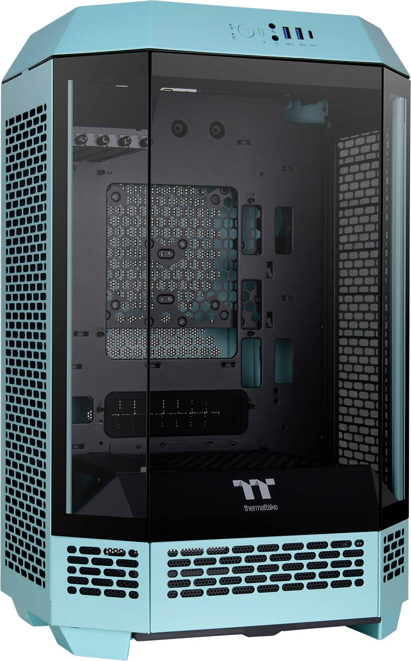 Turquoise computer case with transparent sides. Reveals internal case layout and ventilation slots.