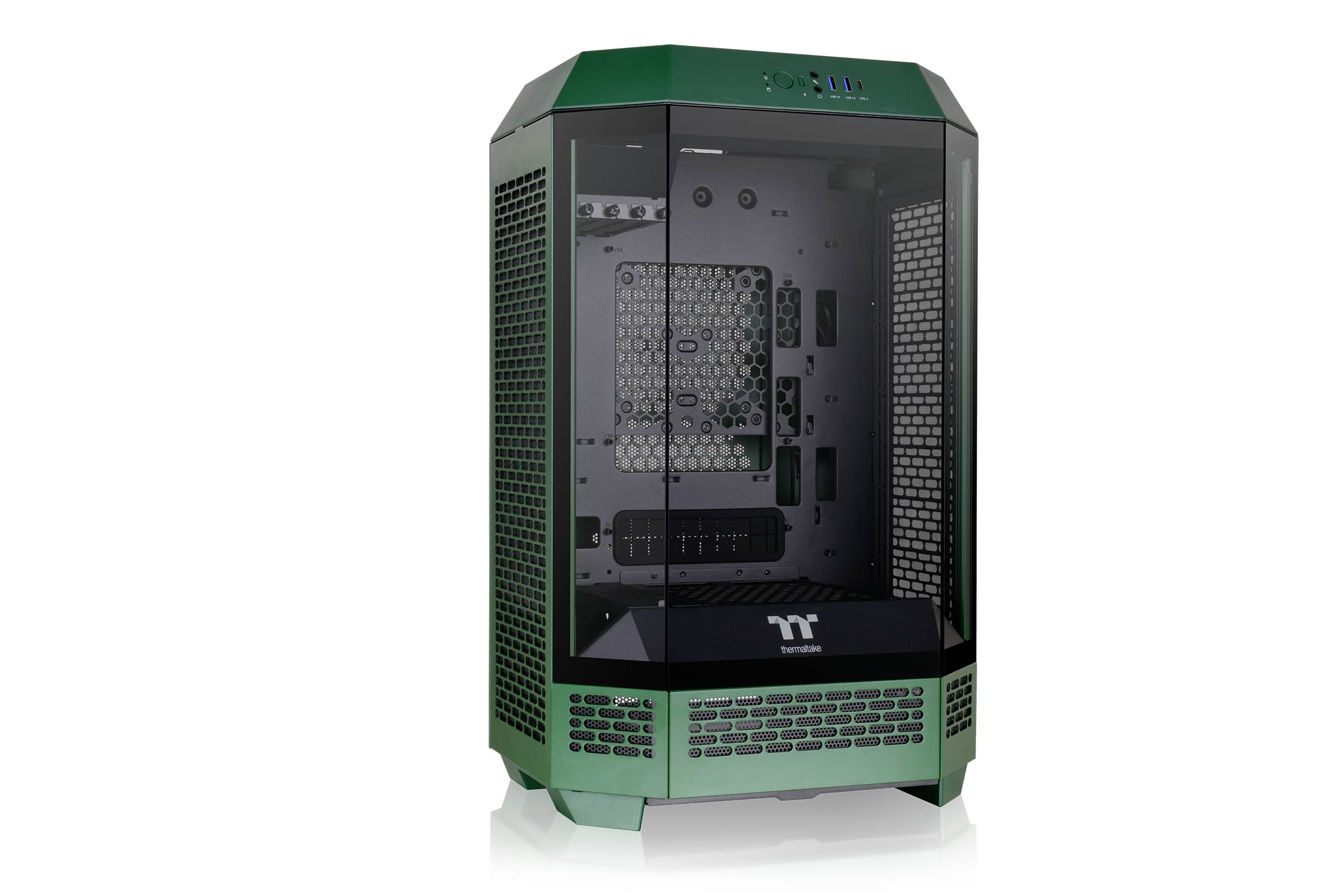 Green computer case with glass doors reveals internal hardware space. Ventilation slots on the sides, suitable for PC building projects.