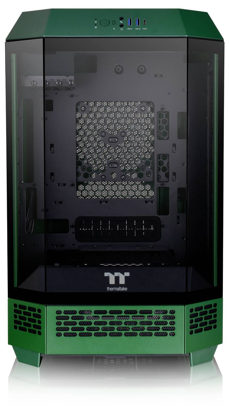 A green, empty computer case with a transparent side panel. Front displays the Thermaltake logo, with four USB ports at the top.