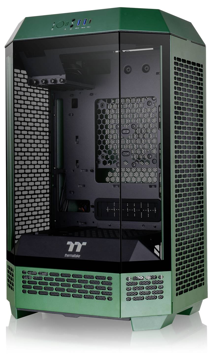A green, hexagonal PC case with transparent glass on the front, without installed hardware, reveals internal details.