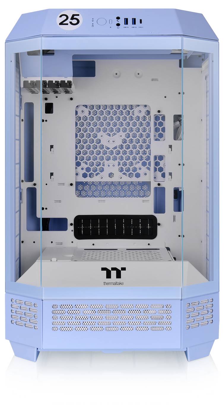 Blue computer case by Thermaltake. Front panel made of glass, provides space for hardware components.