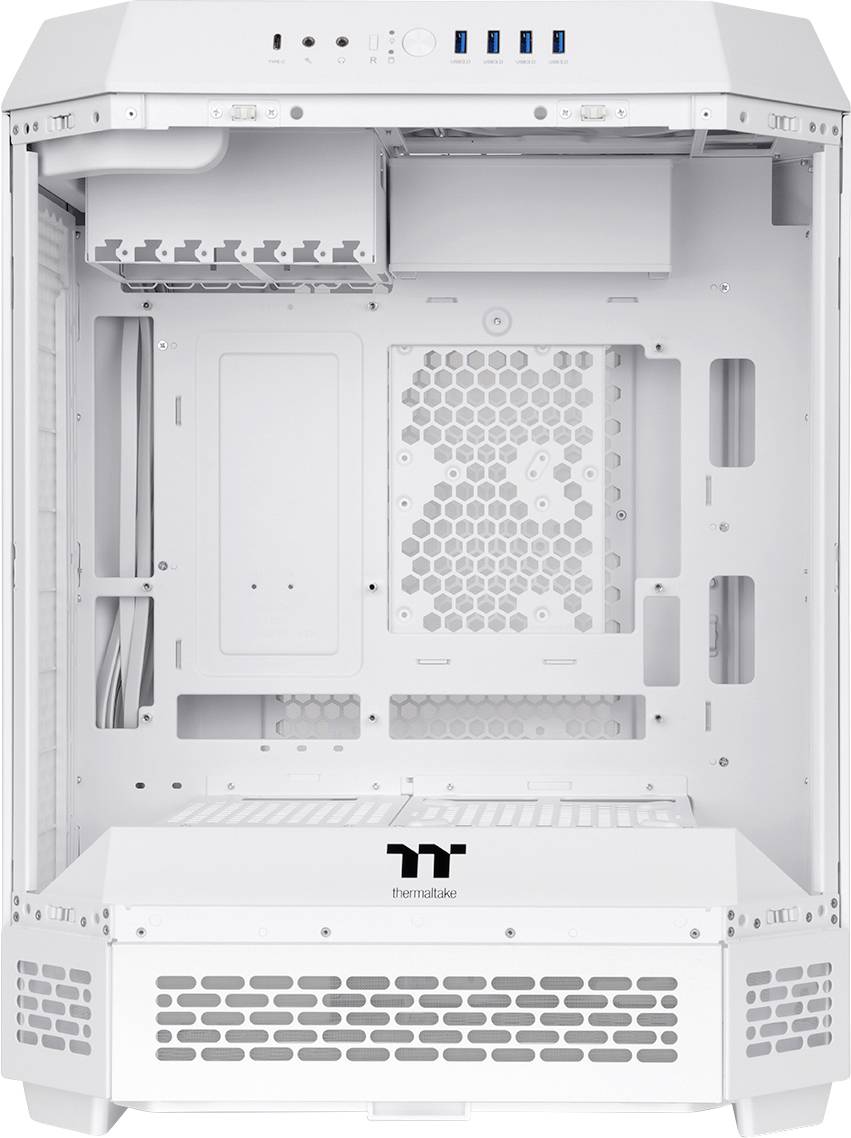 White computer case without installed components, featuring multiple fan mounting points and cable management options.