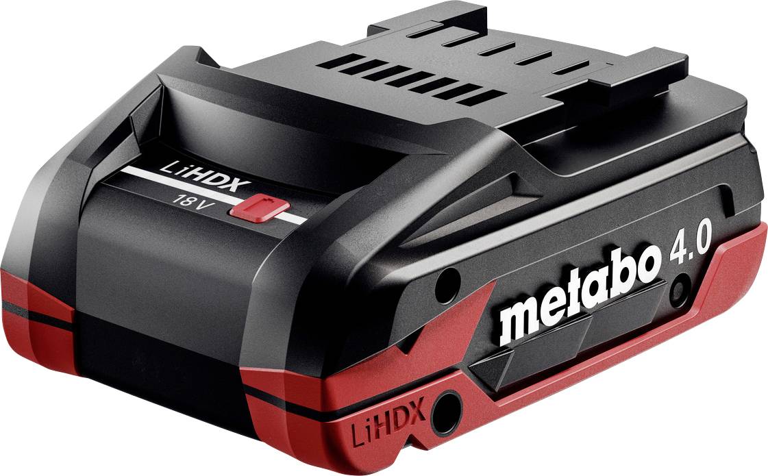 Metabo LiHD 18V battery pack, black-red, with 4.0 Ah capacity and performance indicator, suitable for power tools.