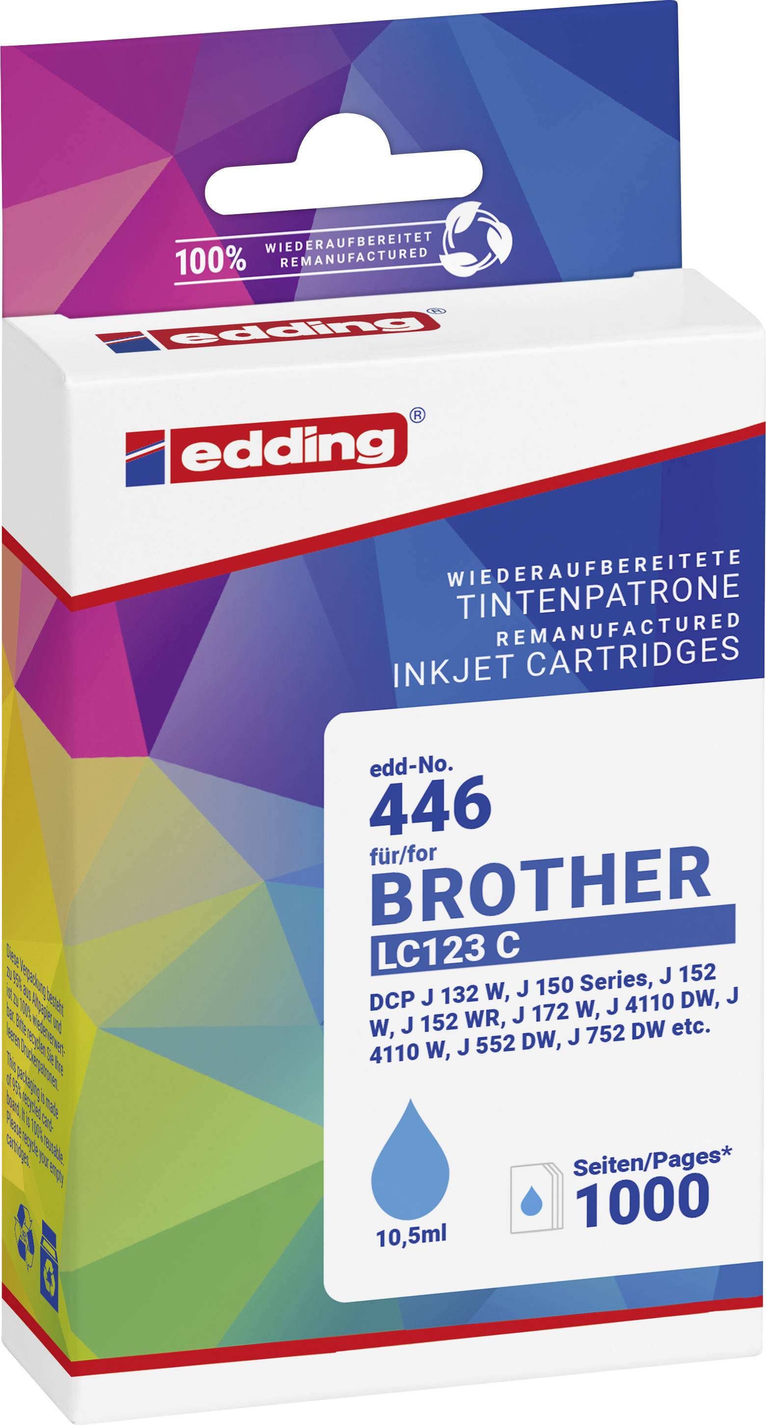 Edding remanufactured ink cartridge 446 for Brother LC123 C, contains 10.5 ml of ink, suitable for approximately 1000 pages, Blue.