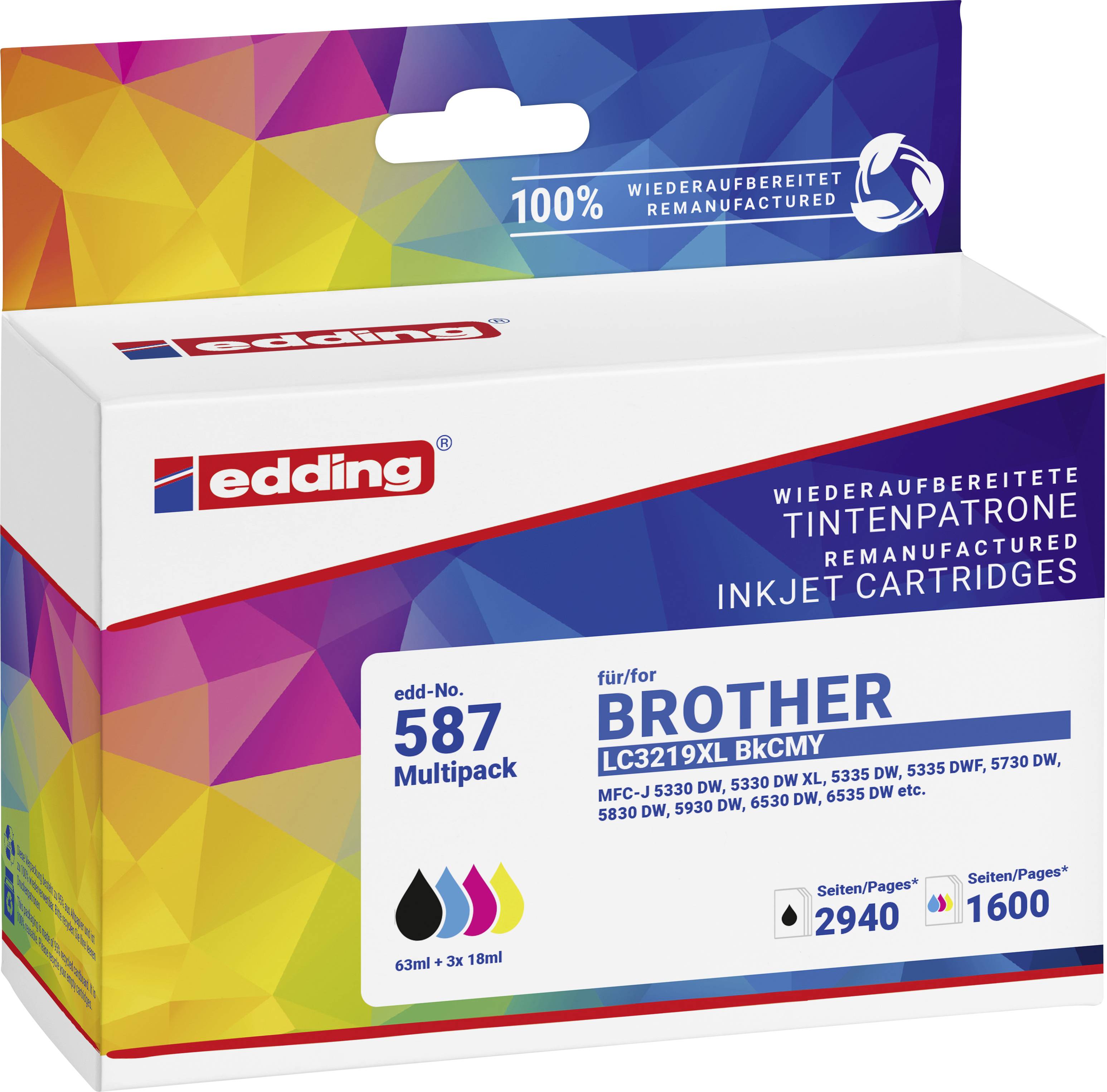 'Multipack 587' Ink Cartridges by edding, compatible with Brother printers. Contains Black, Cyan, Magenta, Yellow. 2940 page capacity.
