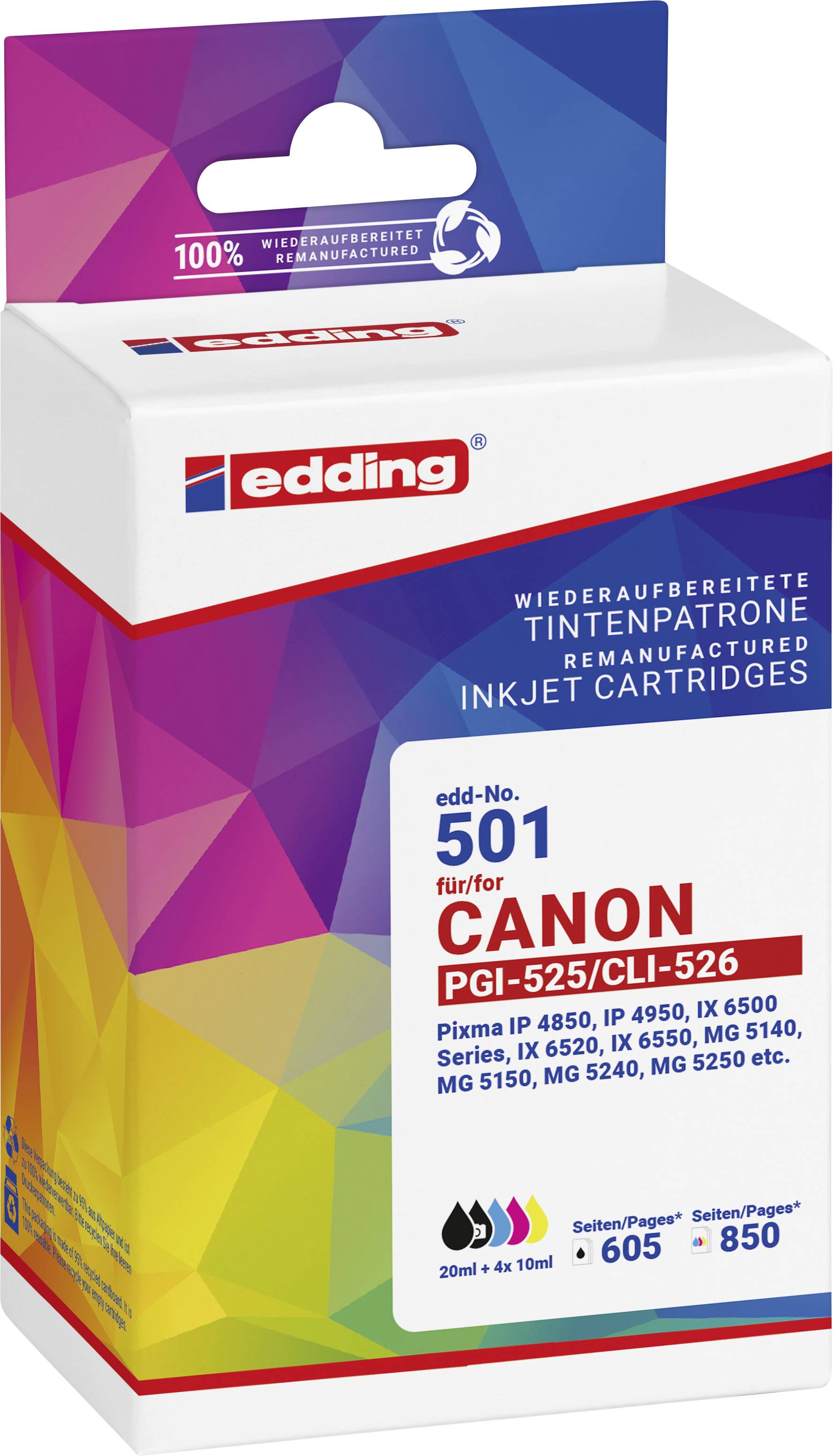 Edding Ink cartridge replaced Canon PGI-525+CLI-526 Compatible Set Black, Cyan, Magenta, Yellow EDD-501 18-501-01