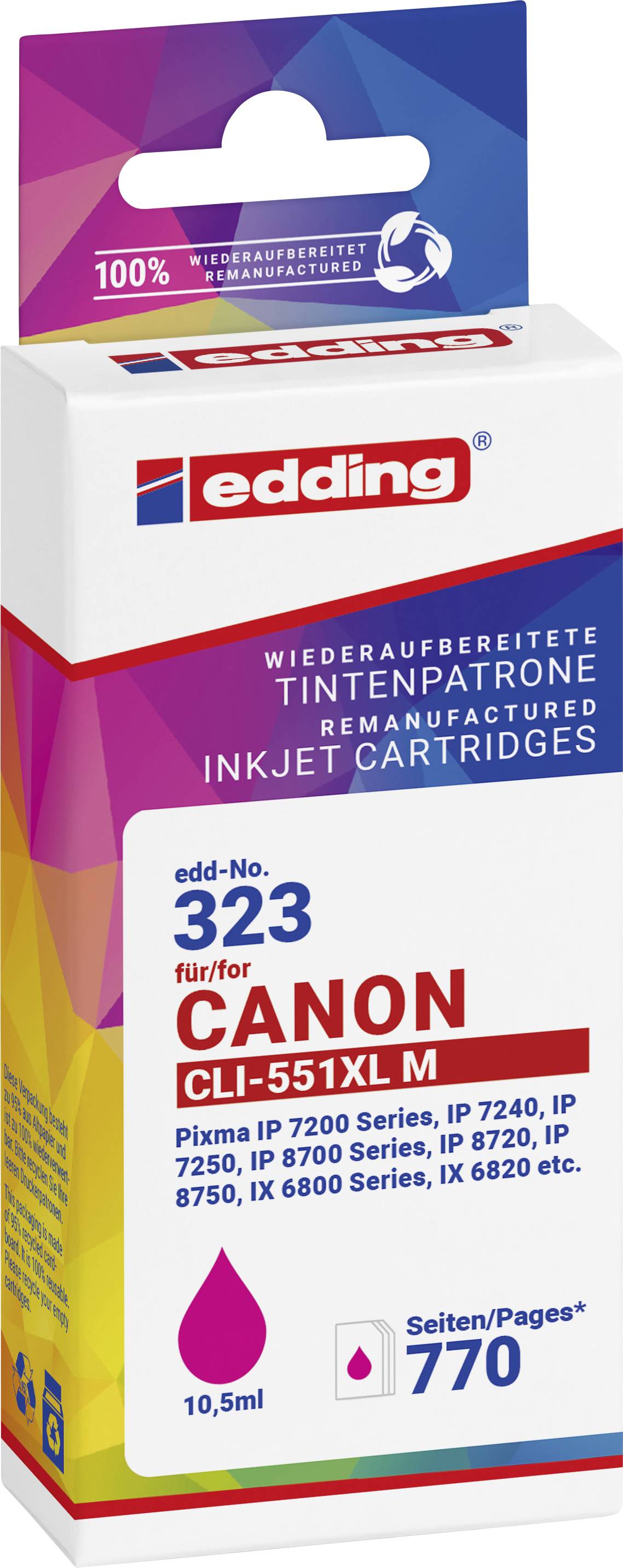 Ink cartridge for Canon printers, Model number C-551XL M, 10.5 ml, 770 pages, compatible with various Pixma models.