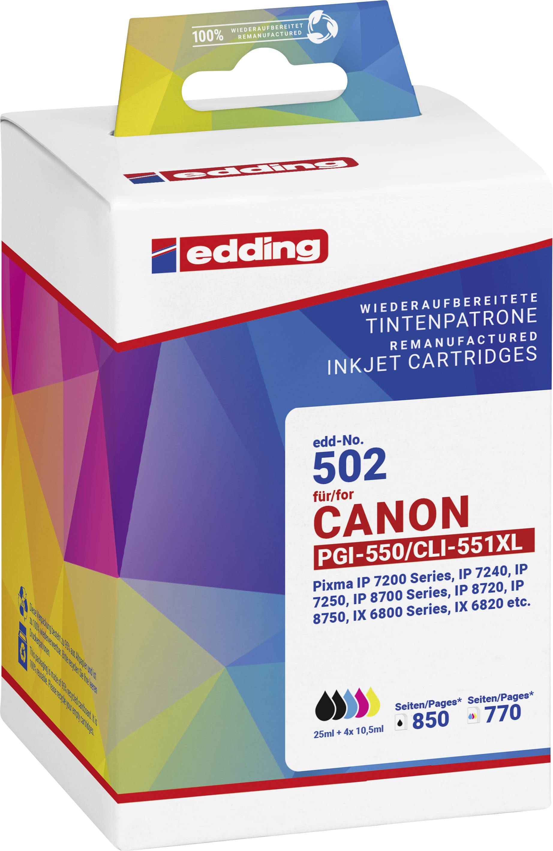 Packaging for reconditioned ink cartridges for Canon printers, Model PGI-550/CLI-551XL, displaying compatibility information.