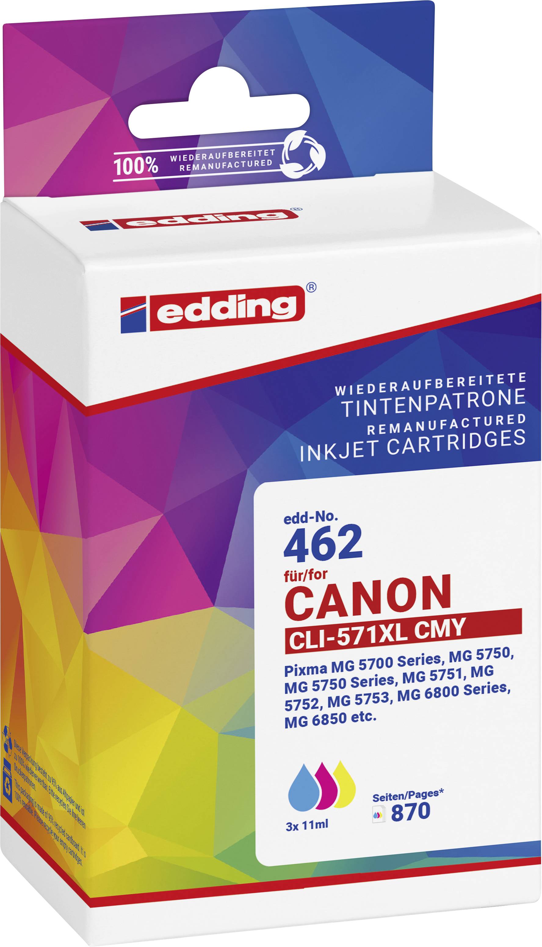 Edding Ink cartridge replaced Canon CLI-571XL CMY Compatible Set Cyan, Magenta, Yellow EDD-462 18-462-01