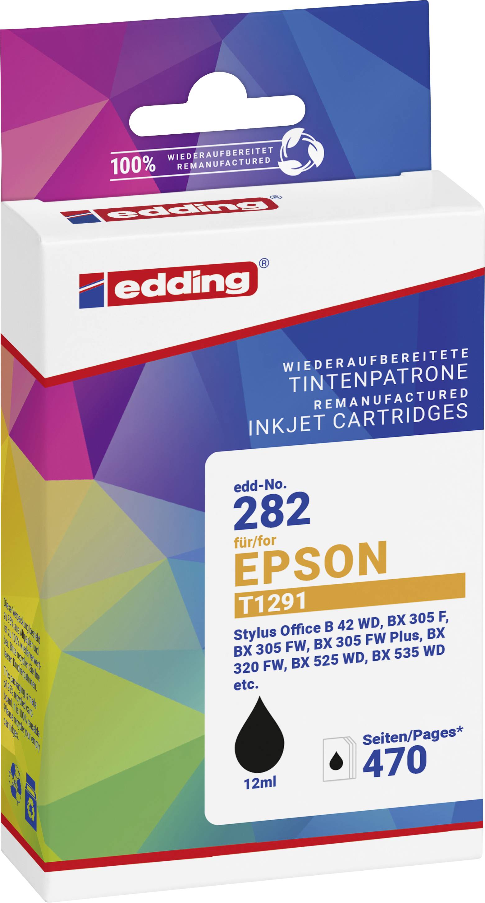 A pack of Edding ink cartridges for Epson printers, Model 282, with a page yield of 470 pages and 12ml capacity.
