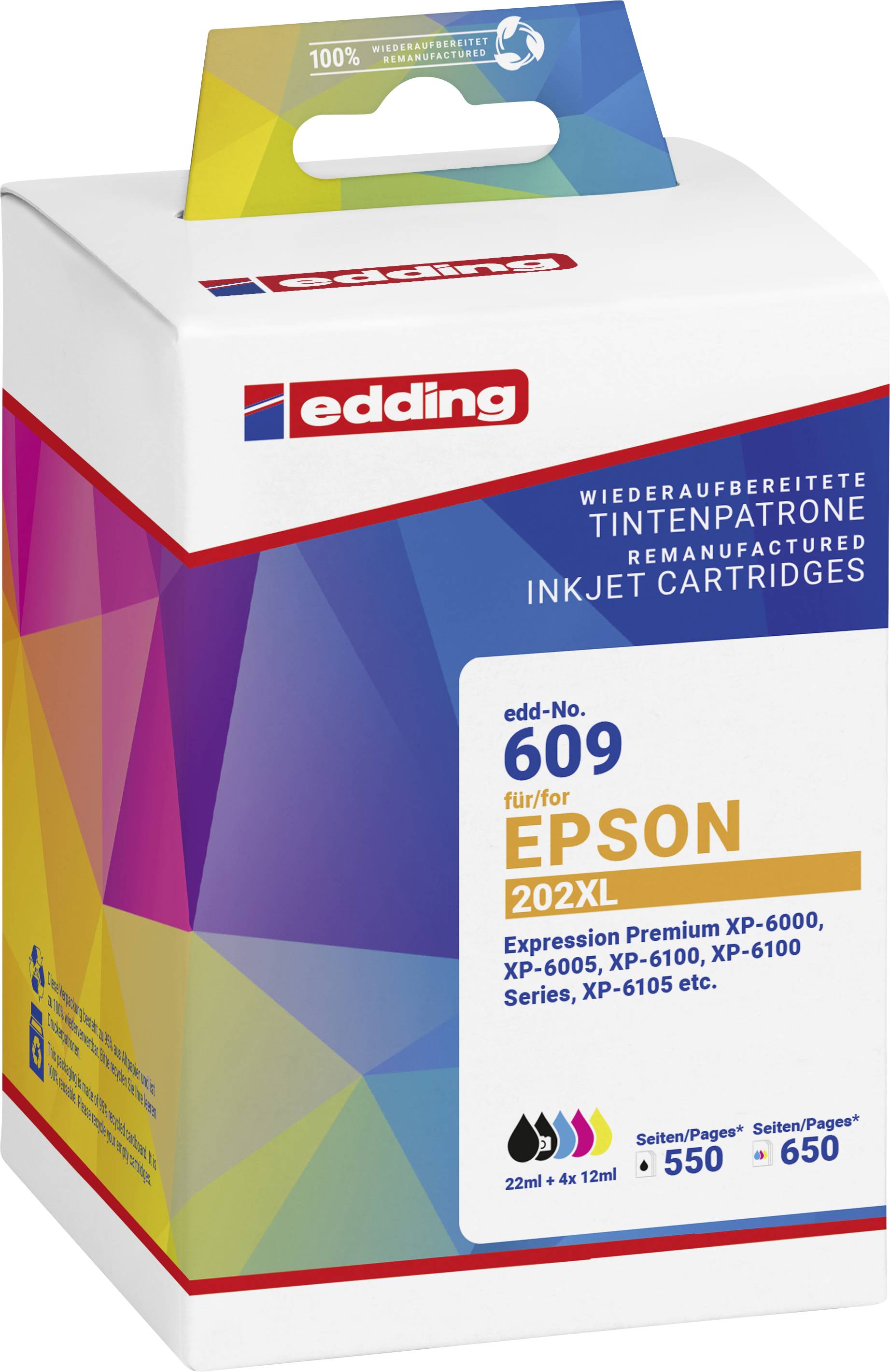 Edding Ink Cartridge 609 for Epson 202XL, compatible with Expression Premium XP-6000, XP-6005, XP-6100, XP-6105. 22 ml + 6 x 12 ml. Printing/Pages: 550, 650.