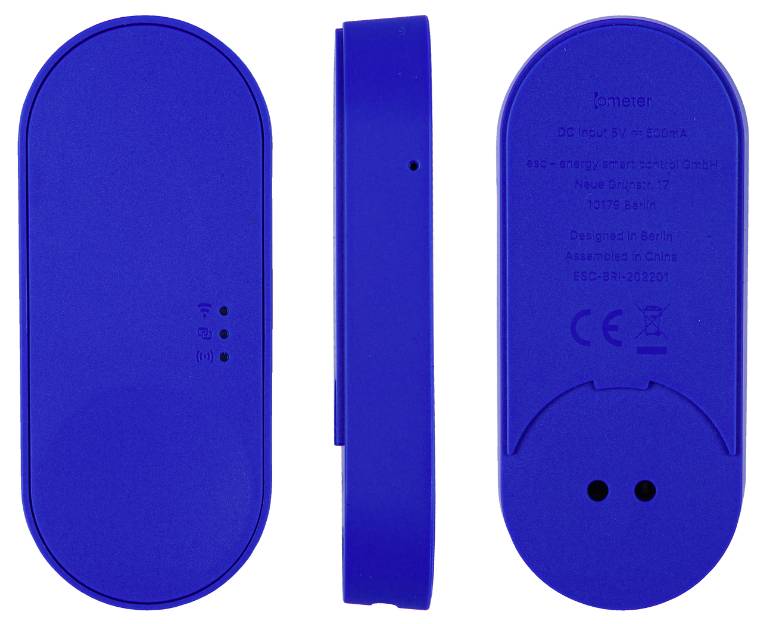 Three blue electronic devices from different perspectives: front view with small dots, side view, and rear view with inscription and symbols.