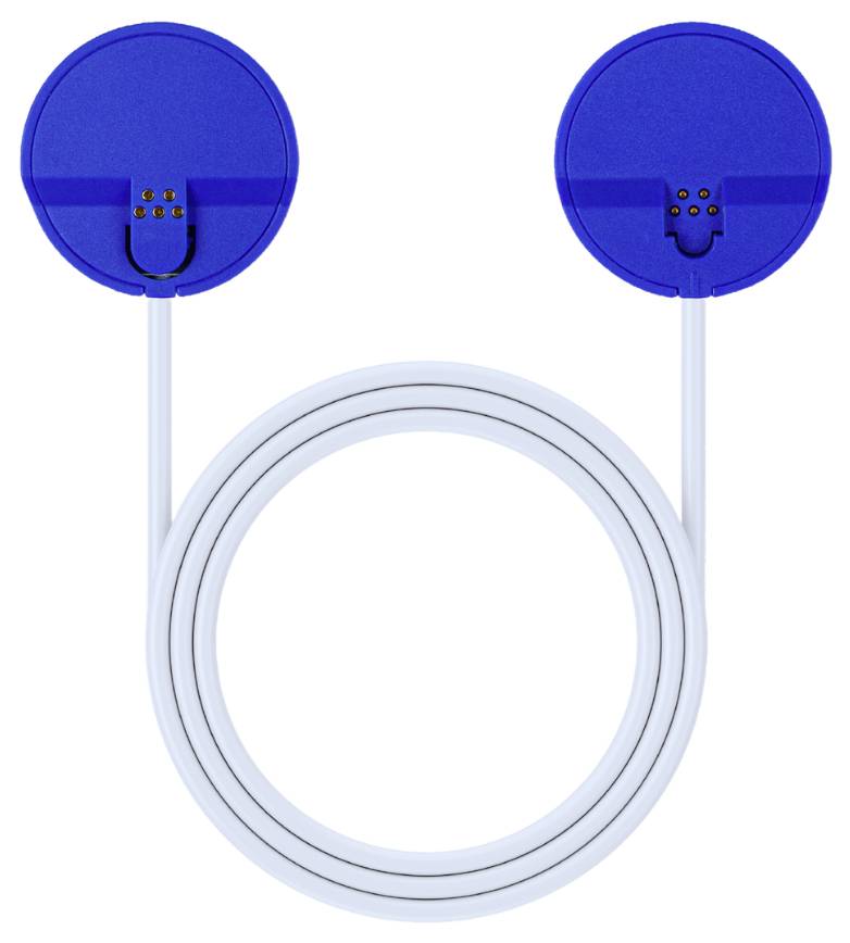 'A long, white cable with two blue connectors at each end, which can be connected to devices.'Note: This translation maintains the original description using British English vocabulary and phrasing.