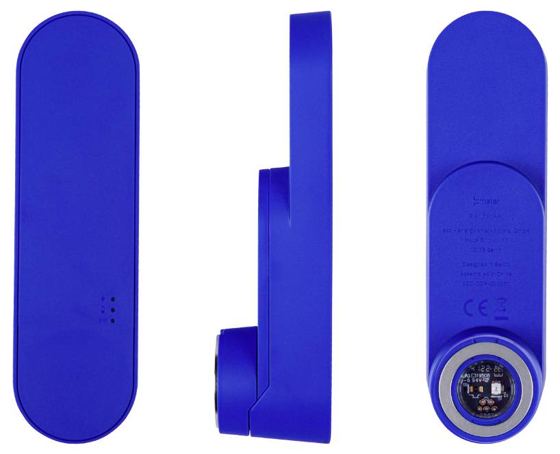 Blue, modern, rectangular device with rounded edges, shown in three views: front, side, and rear. Rear view displays CE marking.