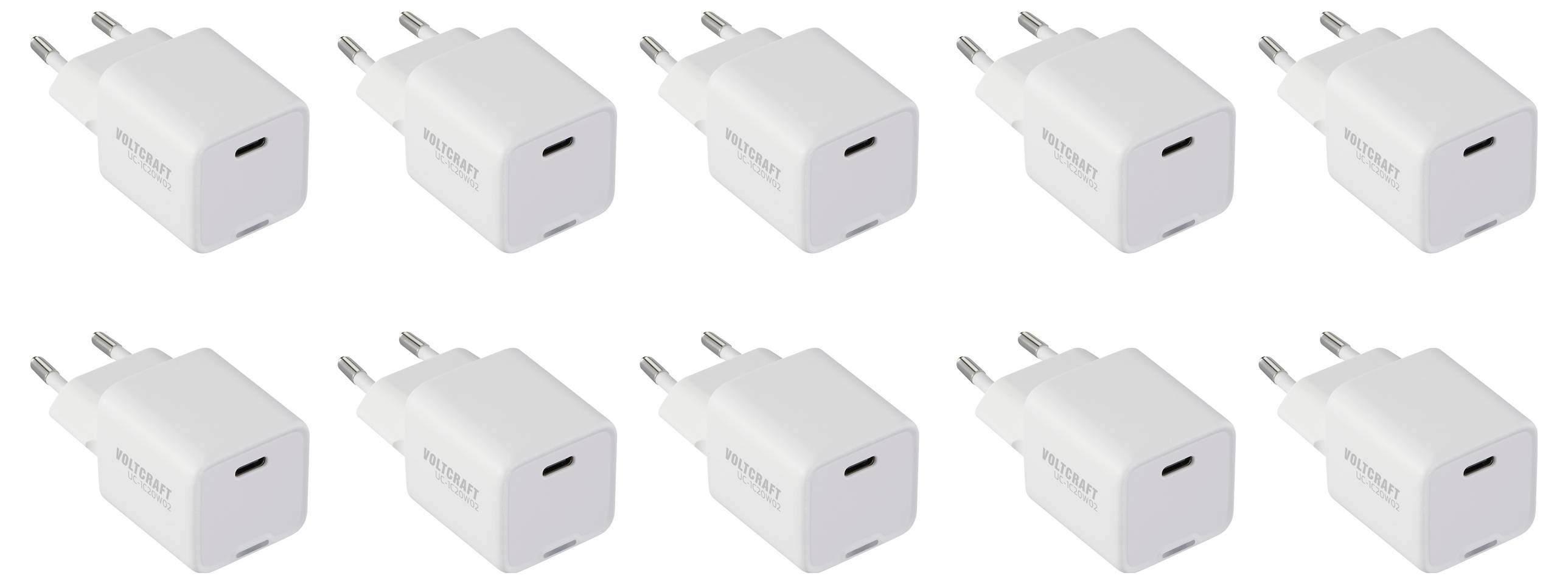 White USB power adapters with plug socket connections, arranged in two rows, viewed from above.
