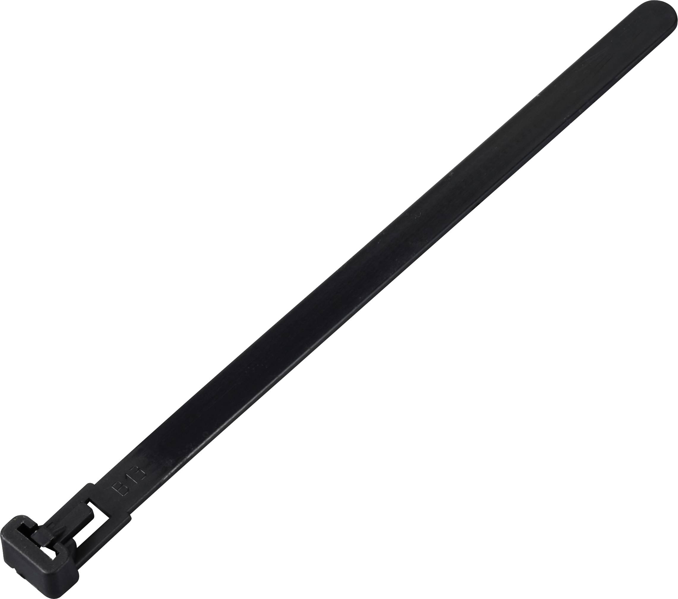 A black cable tie that is commonly used for bundling and securing cables or objects.