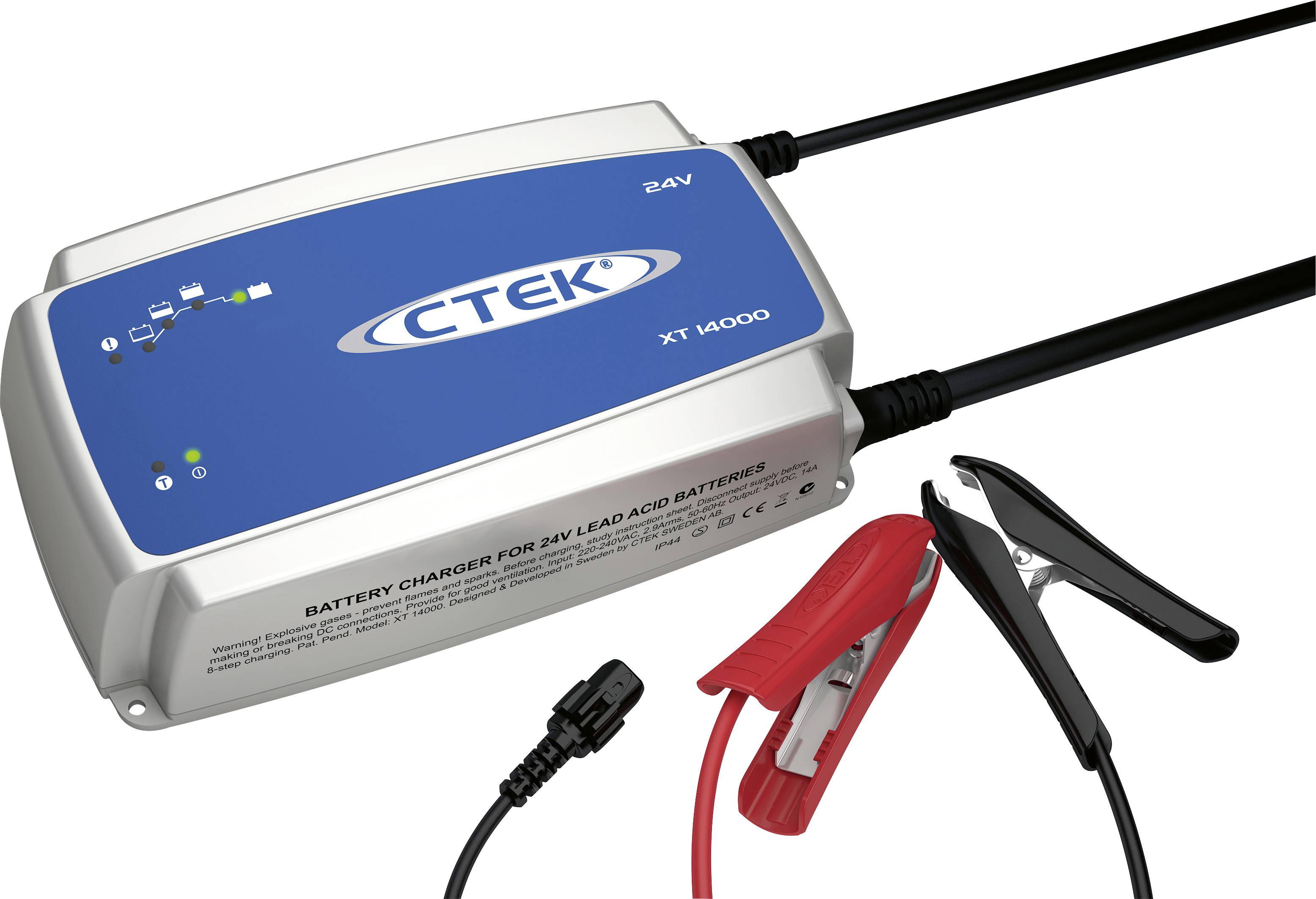 CTEK XT 14000 Charger for 24V Lead-Acid Batteries, blue top with logo, includes clamps for battery connection.