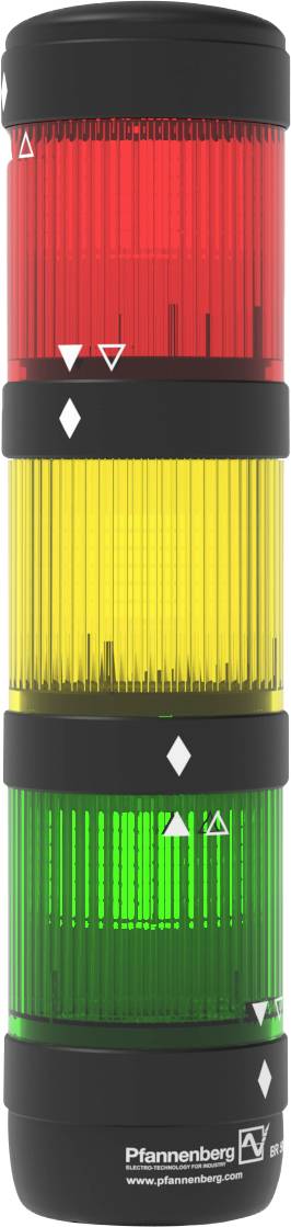 A three-colour signal light with red, yellow, and green sections. Each colour symbolises a different status.