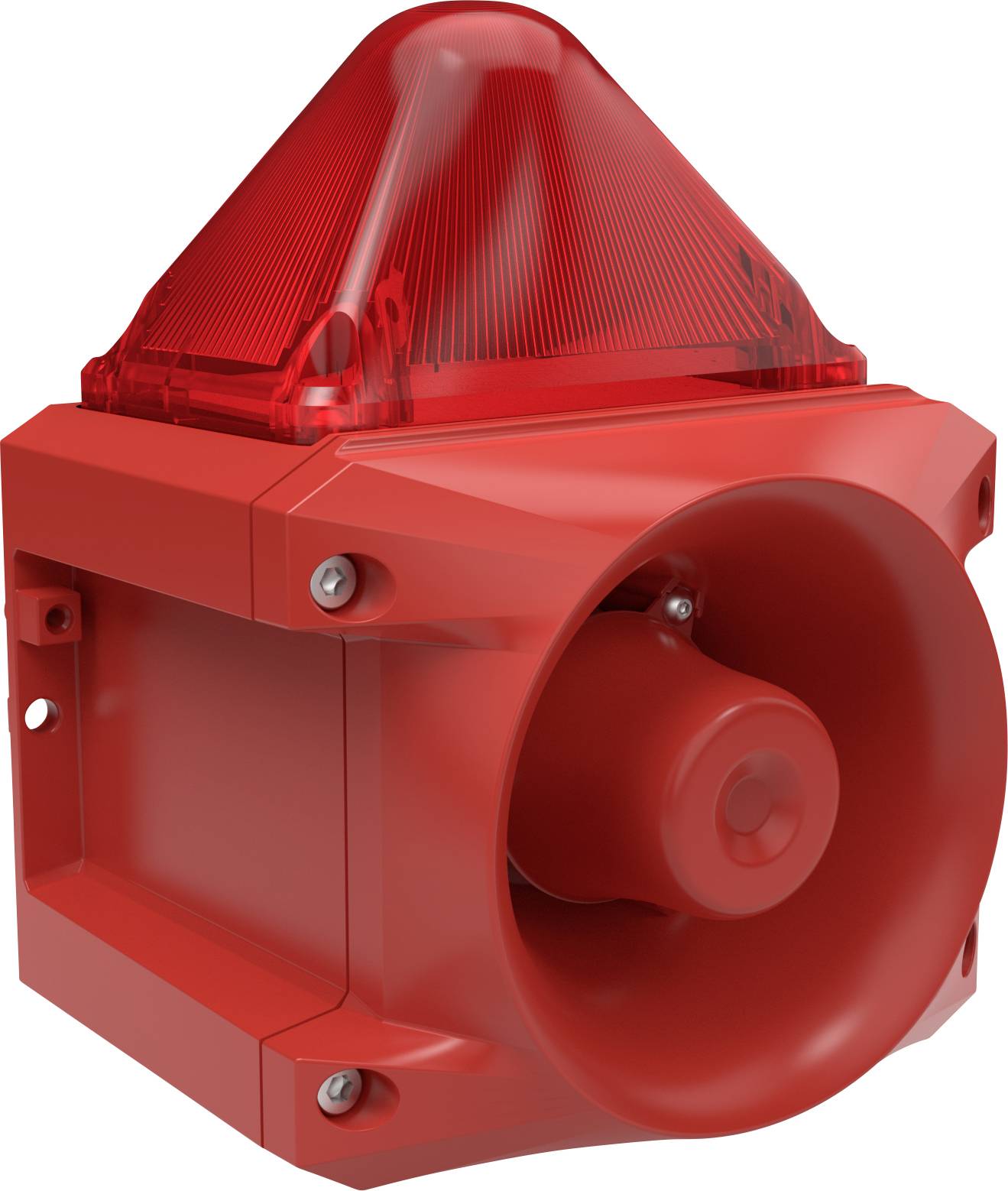 Red alarm siren with a pyramid-shaped strobe light on top, for visual and audible warning.