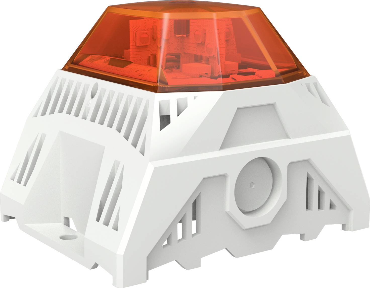 A white, pyramid-shaped technical device with a transparent orange casing on top.