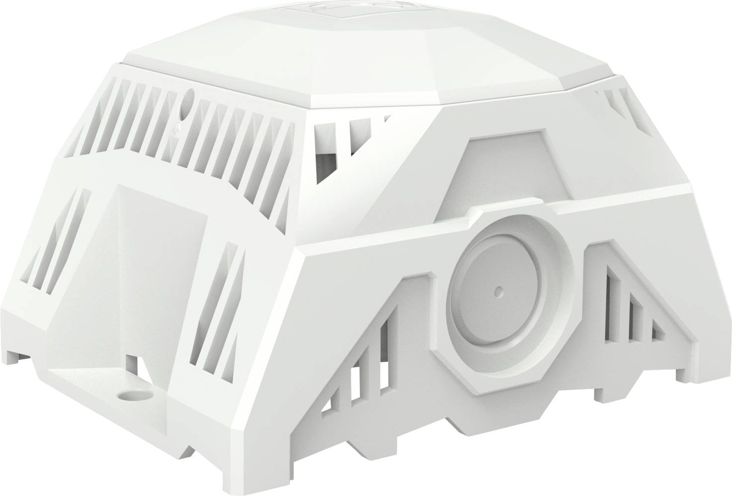 A white, octagonal smoke and heat detector with a grille design and a central circular recess for detecting smoke and heat.