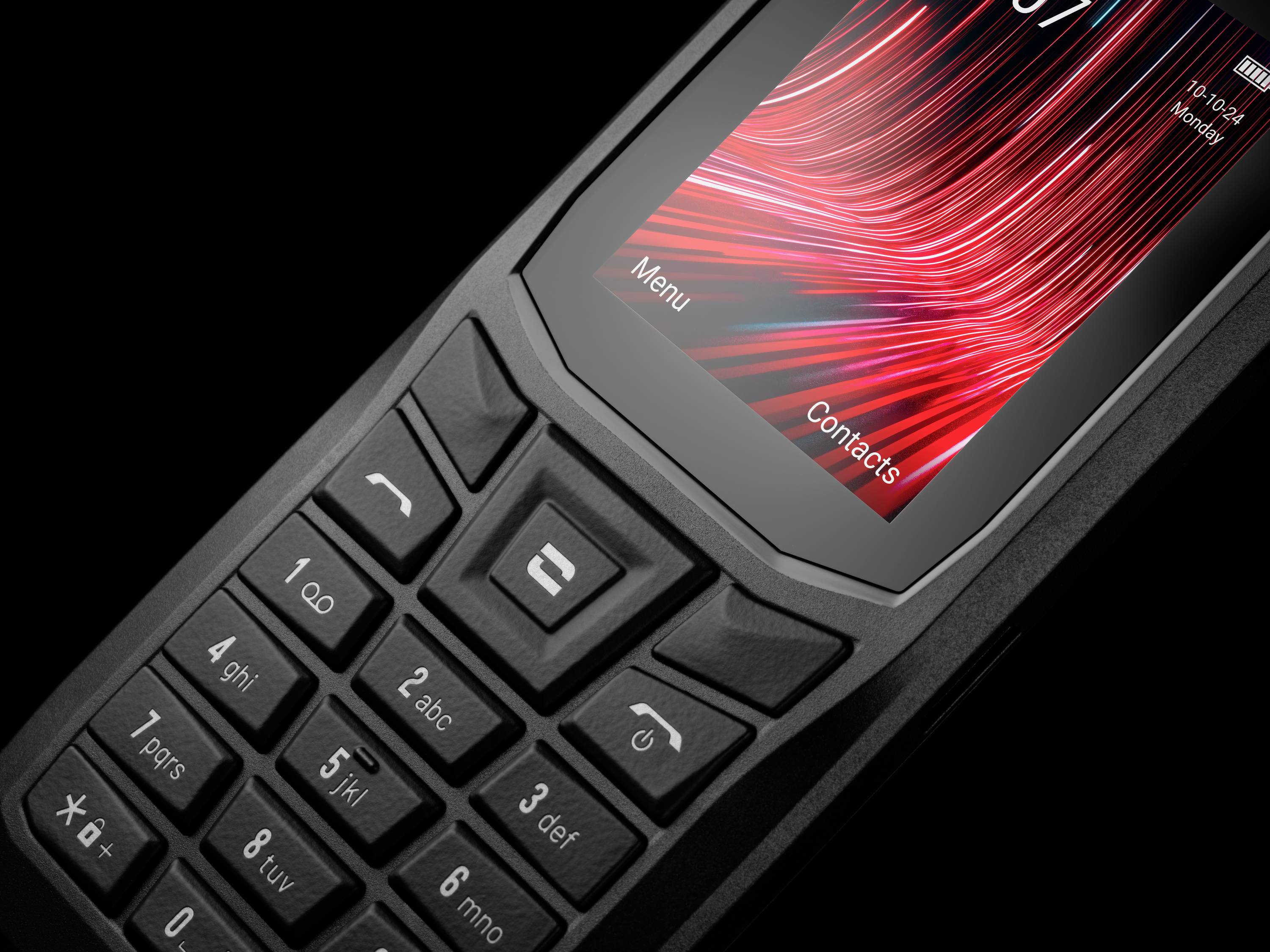 A classic mobile phone with buttons, displaying red lines on its screen. 'Menu' and 'Contacts' are shown at the top.