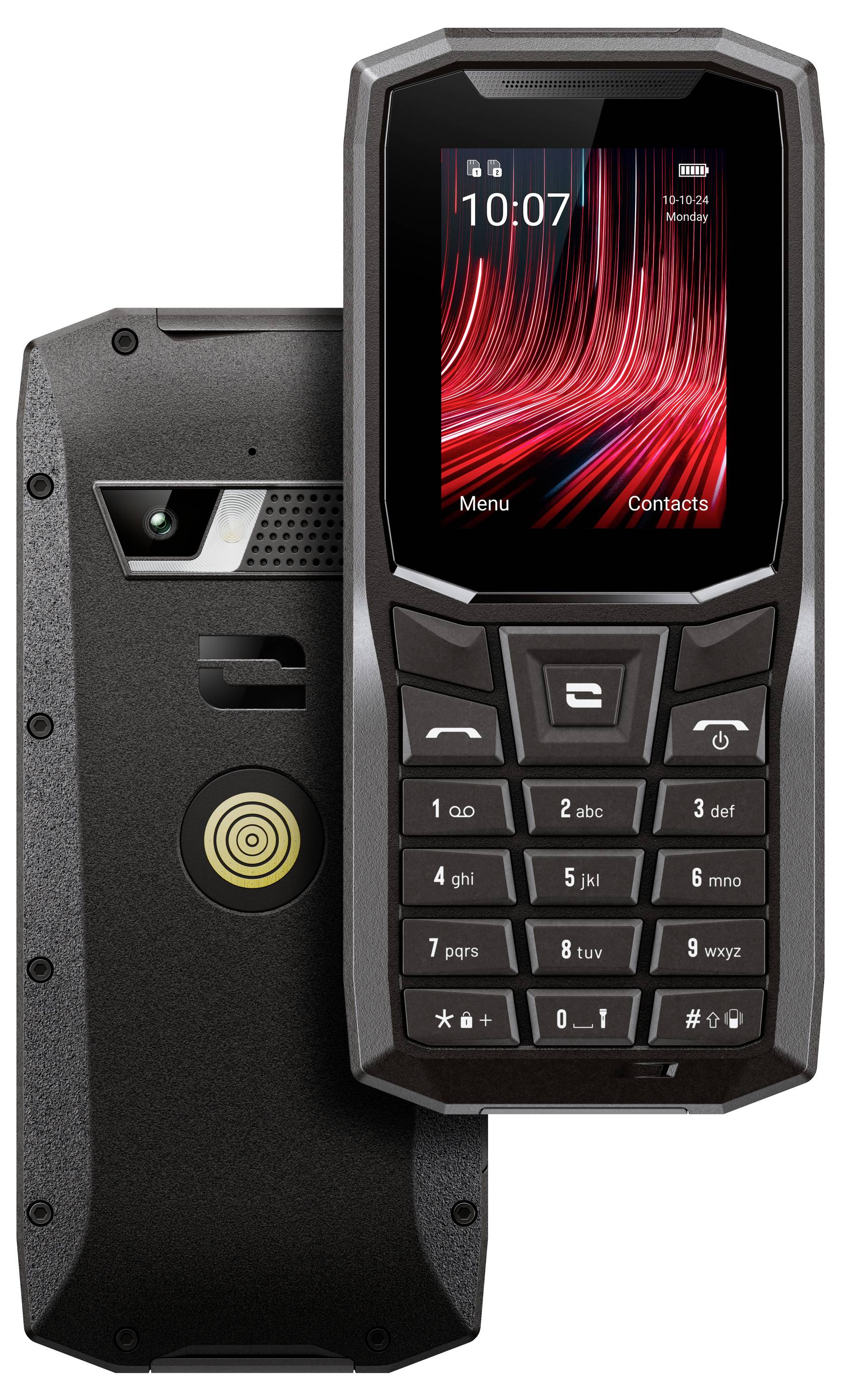 Rugged mobile phone with buttons, small screen, camera on the back. Displays '10:07', 'Menu' and 'Contacts' on the screen.