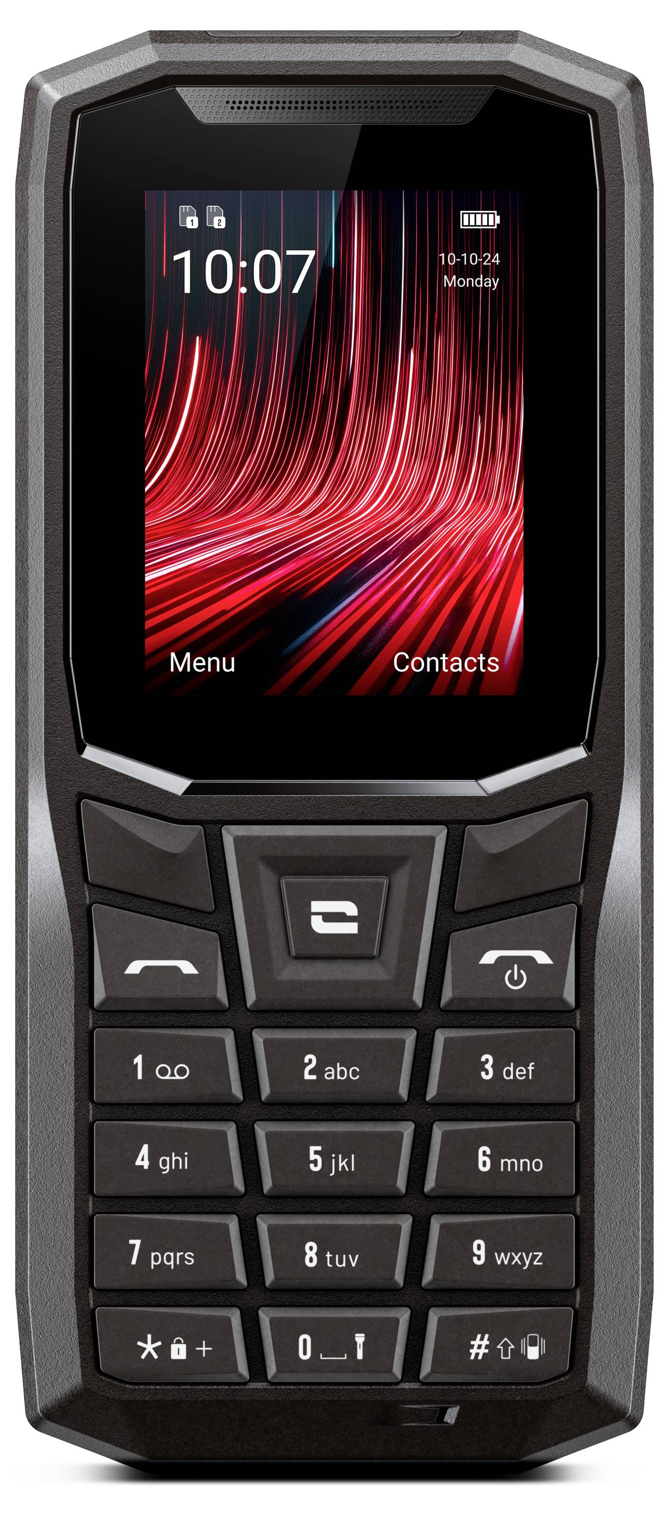 Black, robust mobile phone with physical buttons and a small screen displaying the time '10:07'.