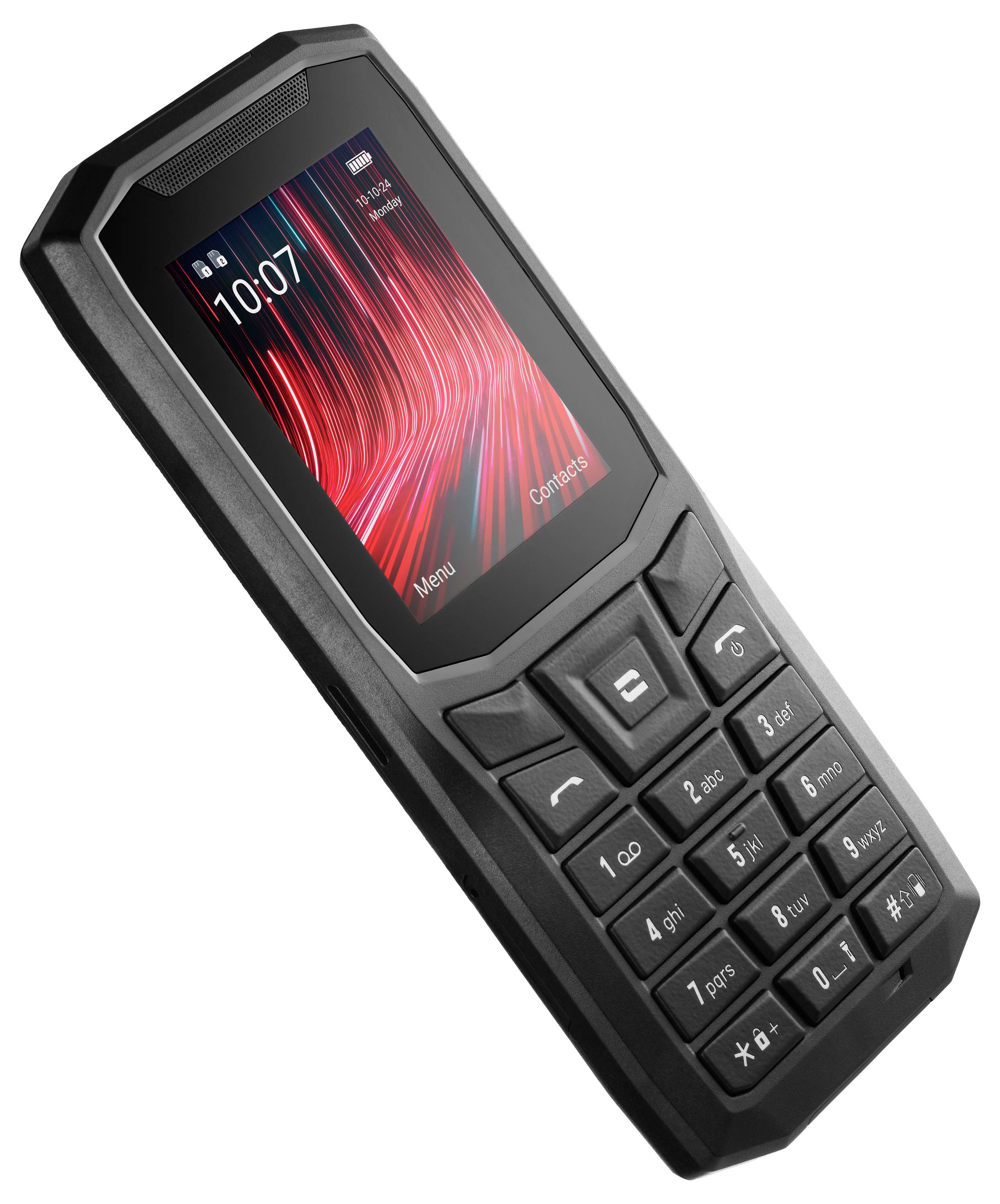 A black mobile phone with a keypad and colour display, showing the current time. Large central navigation button.